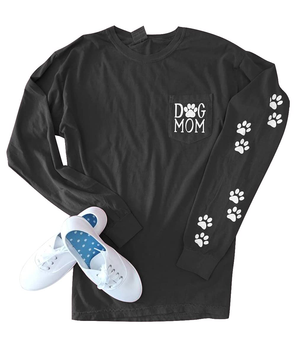 Women's Dog Paw Print Pullover - Cute Dog Mom Graphic Tee with Patch Pocket | Long Sleeve Casual Shirt for Dog Lovers | Perfect for Pet Owners, Dog Walks & Cozy Outings