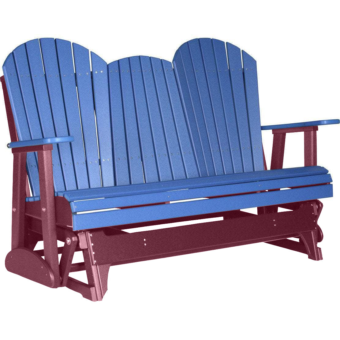 LuxCraft Blue 5 ft. Recycled Plastic Adirondack Outdoor Glider Chair with Cup Holder - Weather-Resistant Patio Furniture for Garden, Deck, and Poolside Relaxation
