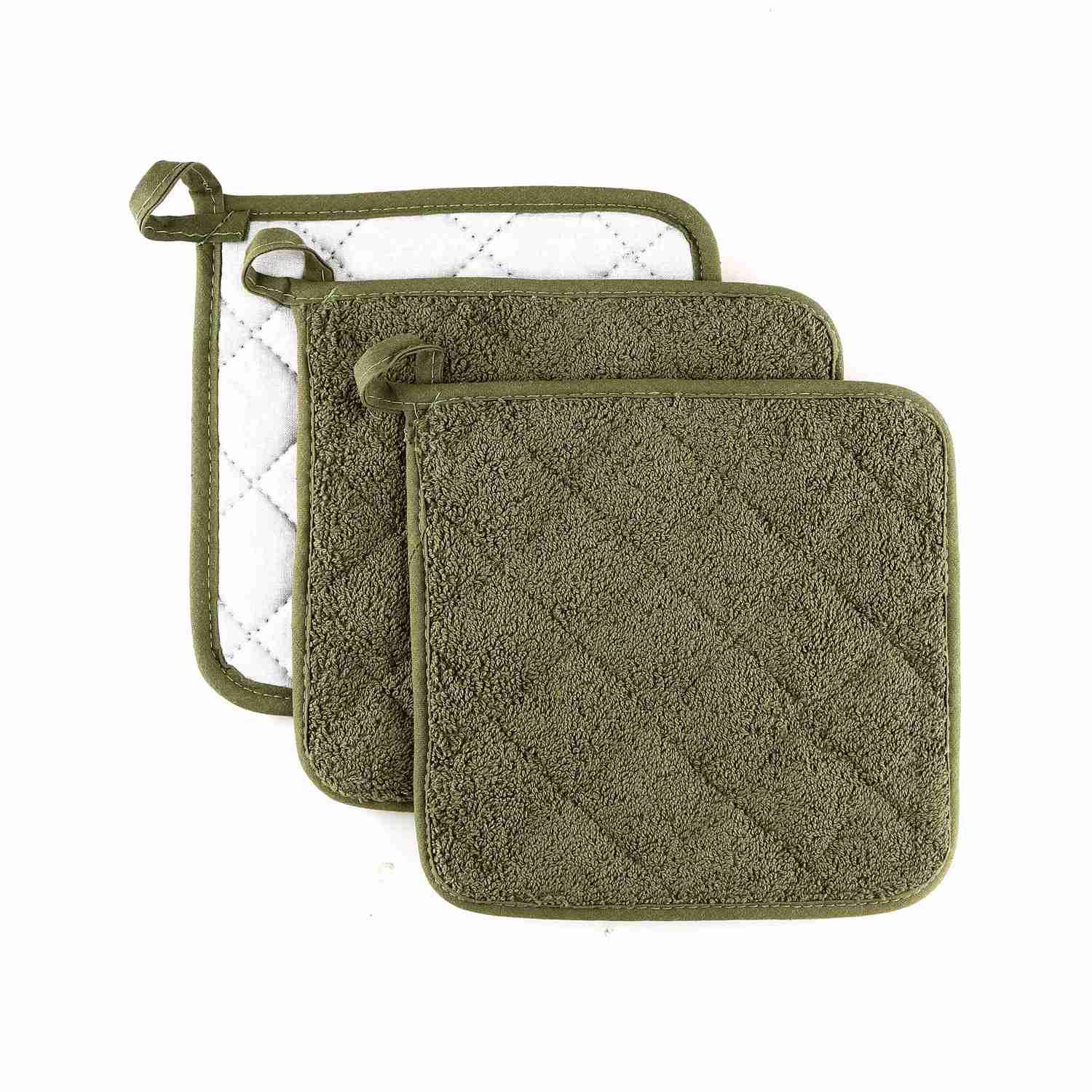 VEIKERY 100% Cotton Oven Mitts & Pot Holders Set of 3 - 7x7 Inches Heat Resistant Kitchen Gloves for Cooking, Baking, BBQ & Serving - Army Green (Perfect for Holiday Dinners, Camping & Hosting Parties)