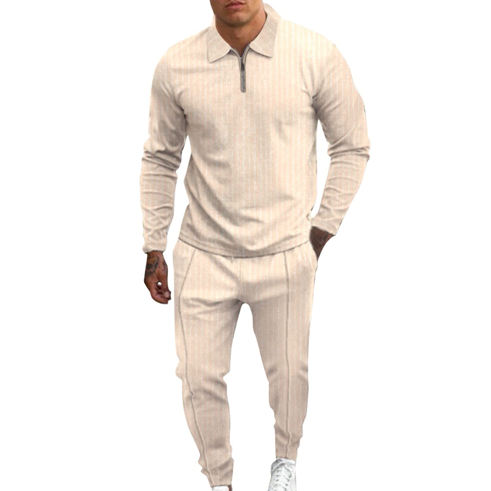 Men's Casual Stripe 2-Piece Outfit - Zipper Collar Blouse & Drawstring Pocket Pants Set in Tan | Comfortable Lounge Wear for Home, Office & Travel