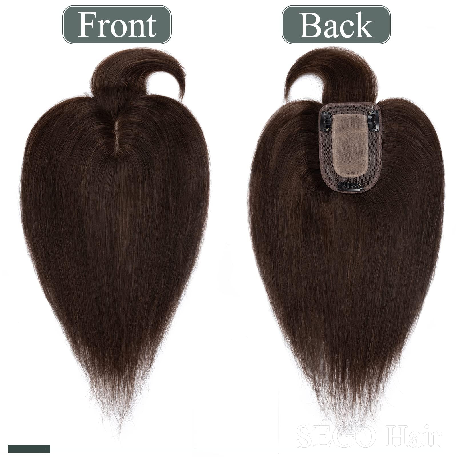 SEGO Clip-In Human Hair Toppers for Women - 18 Inch Straight with Bangs, 150% Density Silk Base, #2 Dark Brown | Thinning Hair Solution for Daily Wear & Special Occasions