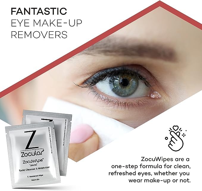 Zocuwipe Eyelid Cleansing Wipes with Okra Complex - Hypoallergenic Eyelid Cleanser & Moisturizer Pads (40 Count) + Zocular ZocuZap Facial Cleansing Wipes (30 Count) Bundle - Perfect for Sensitive Eyes, Makeup Removal & Daily Skincare Routine