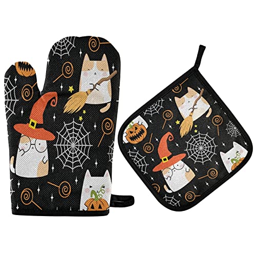 Cute Cat Halloween Oven Mitts & Pot Holders Set - 2pcs Non-Slip Heat Resistant Kitchen Gloves for Baking, Cooking, BBQ - Perfect for Women's Holiday Cooking & Home Decor
