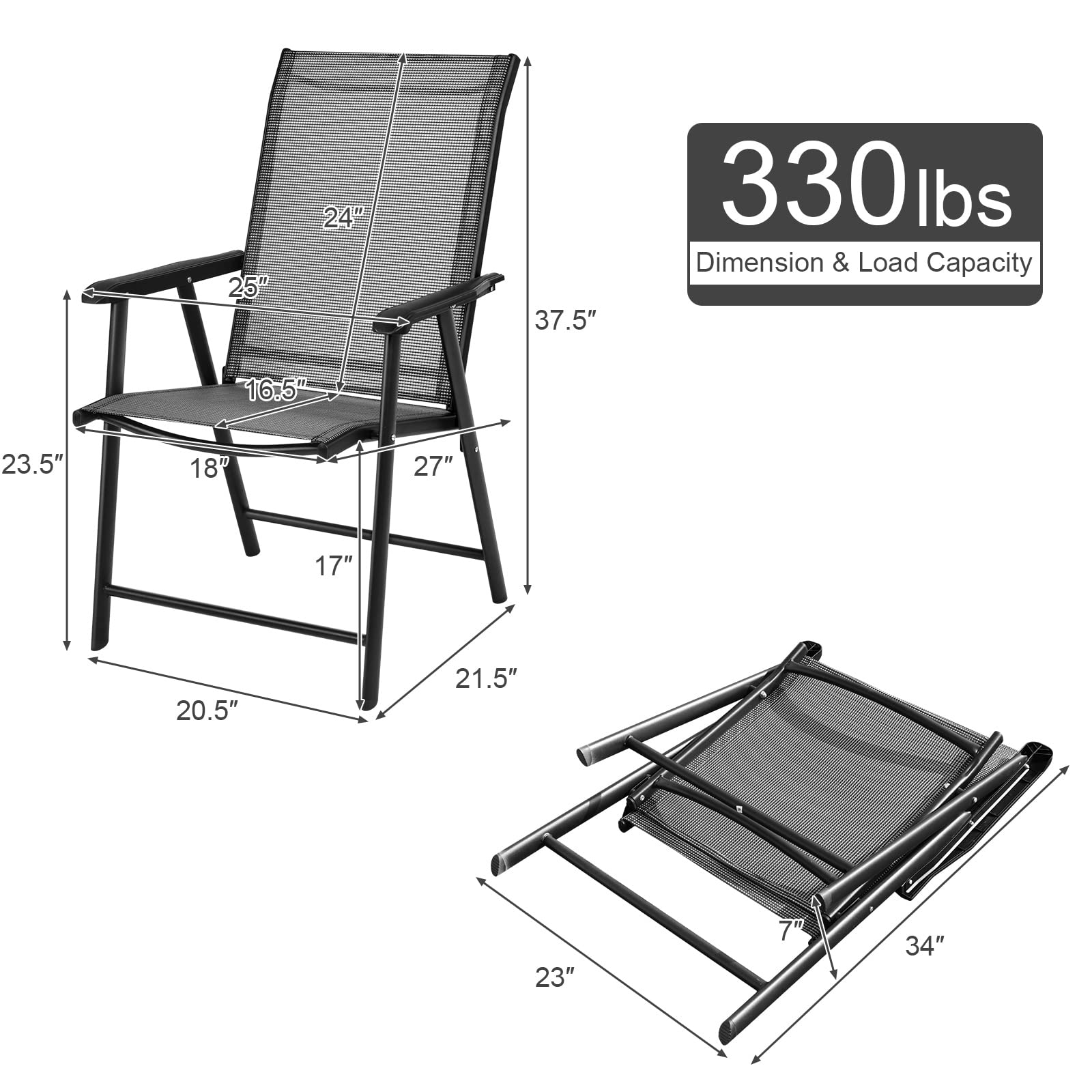 AFSTAR Outdoor Folding Chairs Set of 2 - Patio Sling Chairs with Armrests for Backyard, Garden, Pool & Porch - Lightweight Foldable Lawn Chairs (Gray) - Perfect for Camping, Picnics & Beach Trips