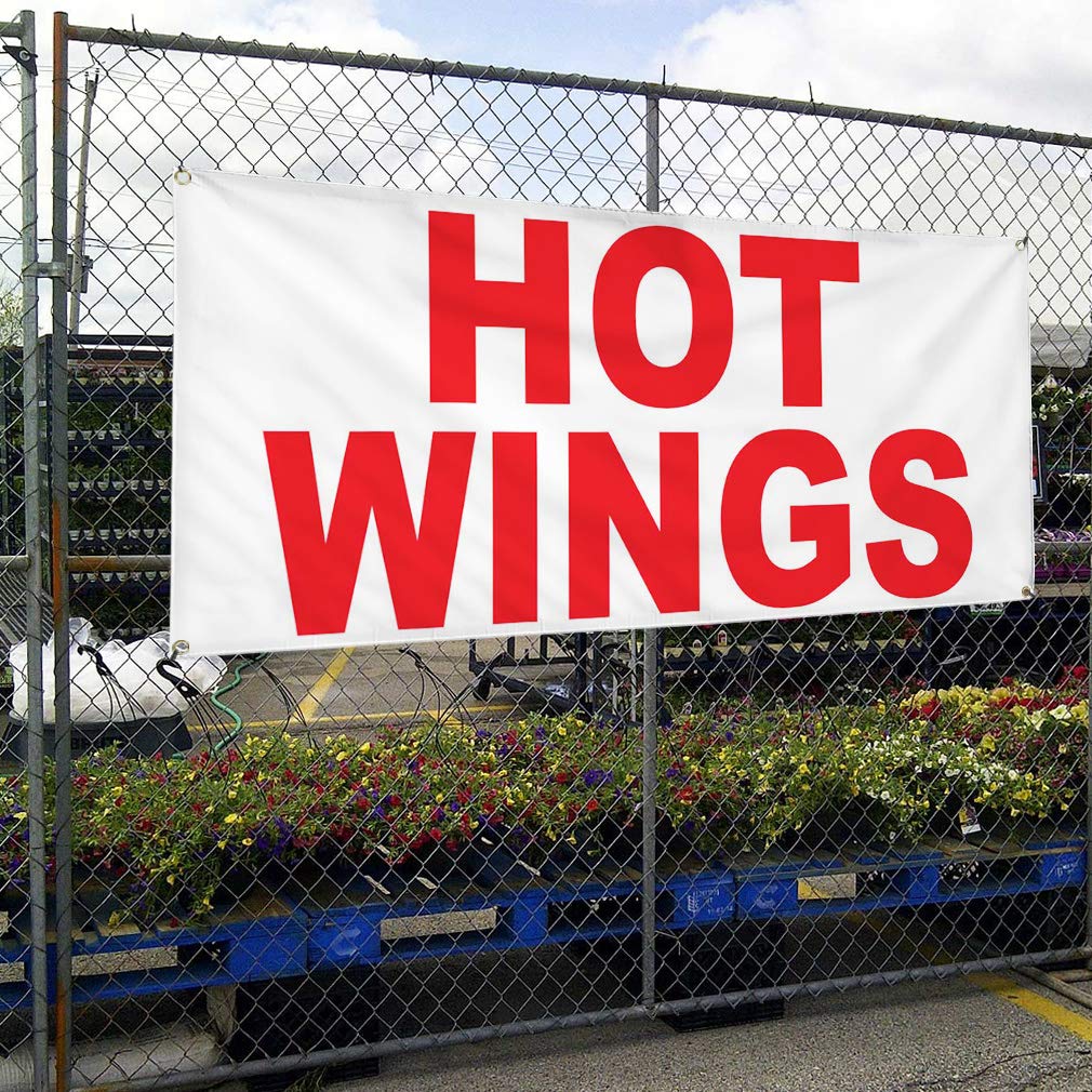 Hot Wings Red Vinyl Banner - 48x96 Inches Weatherproof Outdoor Sign with 8 Grommets for Restaurants, Food Trucks & Bars | Durable Yard Sign for Commercial Use, Events & Advertising