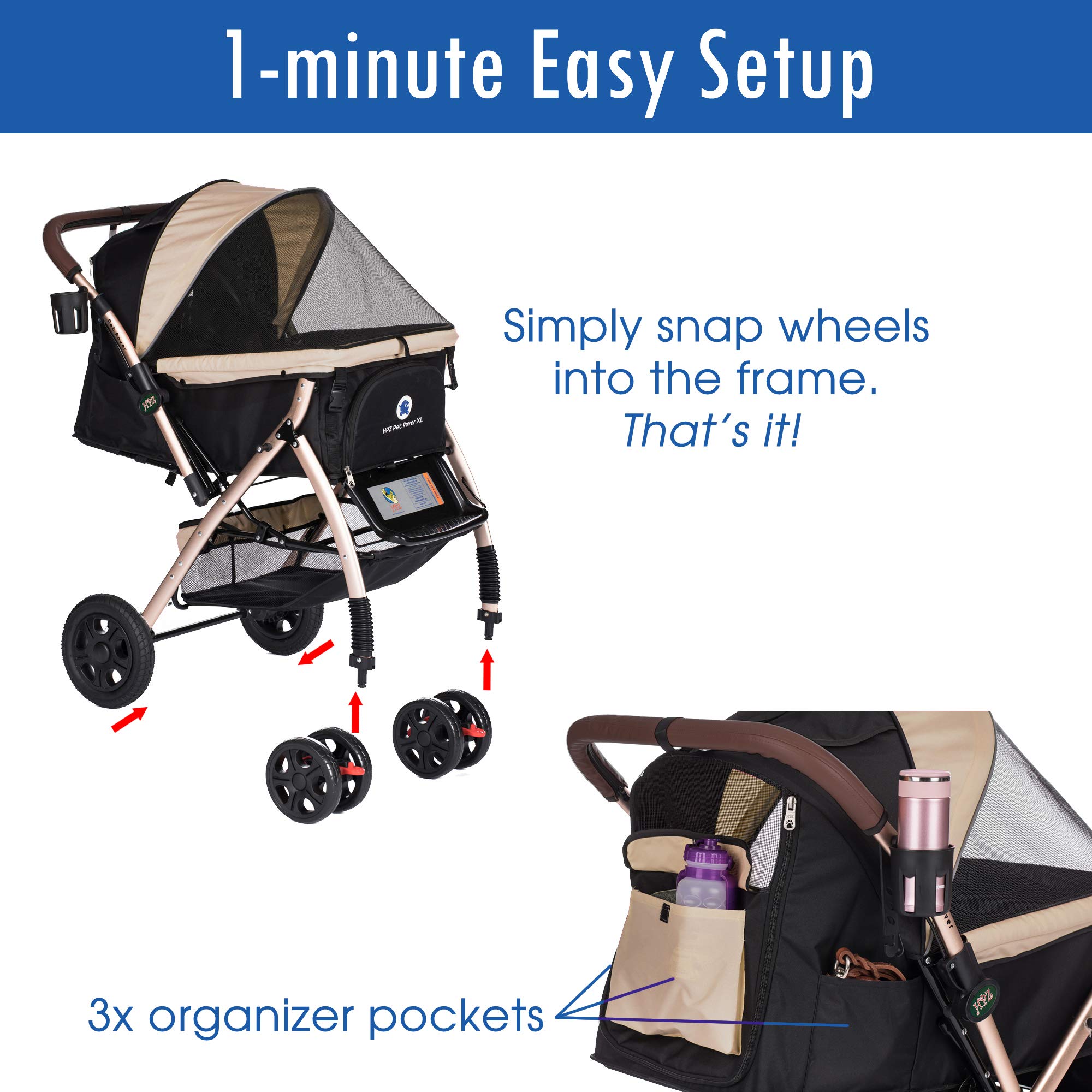 Premium Heavy Duty XL Extra-Long Pet Stroller for Small, Medium & Large Dogs & Cats - Taupe 2nd Generation | Durable Travel Carriage for Walking, Shopping & Outdoor Adventures