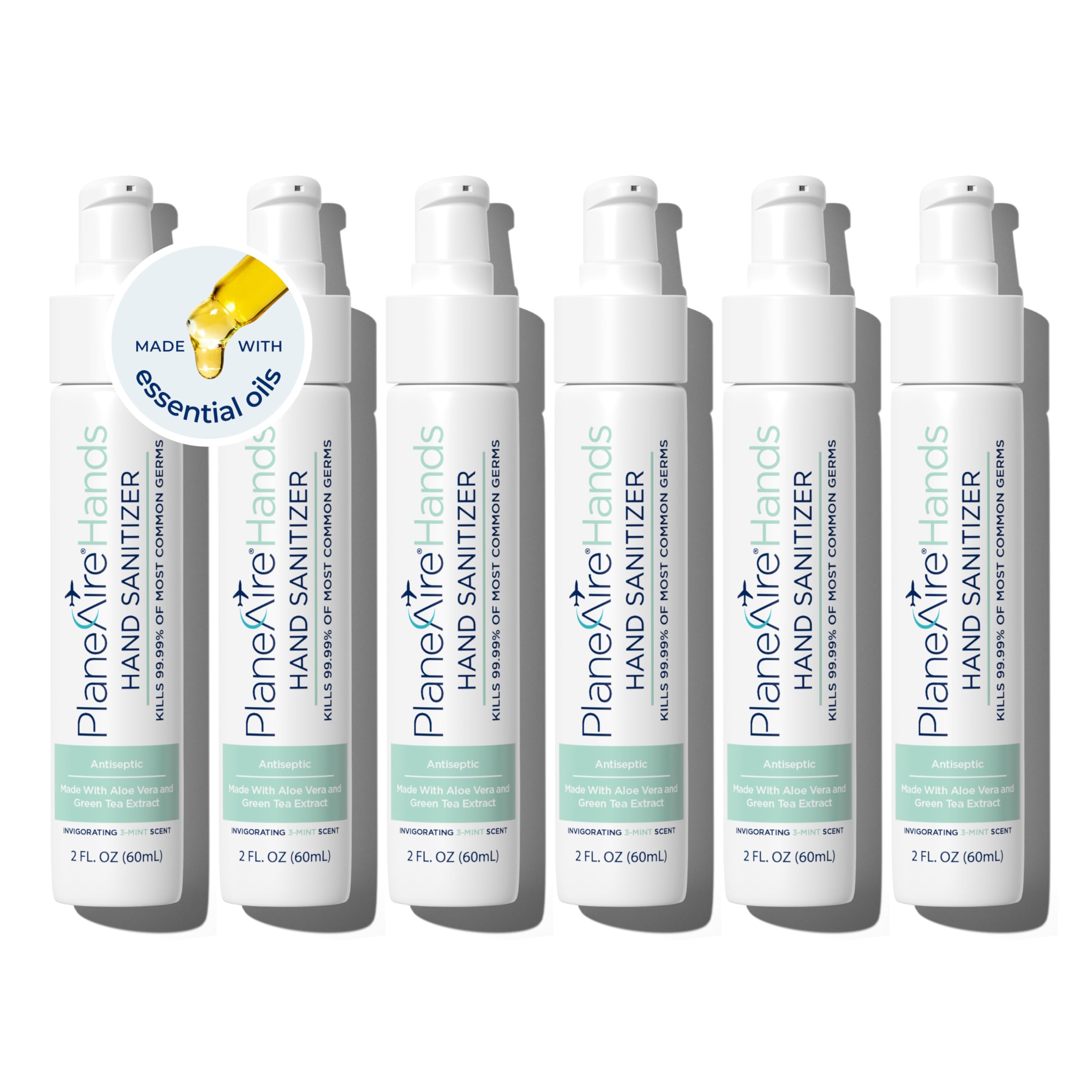 3-Mint Gel Hand Sanitizer (6-Pack) - Soothing Moisturizing Hydrating Formula with Aloe Vera & Green Tea Extract | Travel Size with Peppermint Essential Oil | Perfect for Cars, Backpacks, Travel & Daily Hygiene | Antibacterial & Refreshing Gel for On-the-Go Use