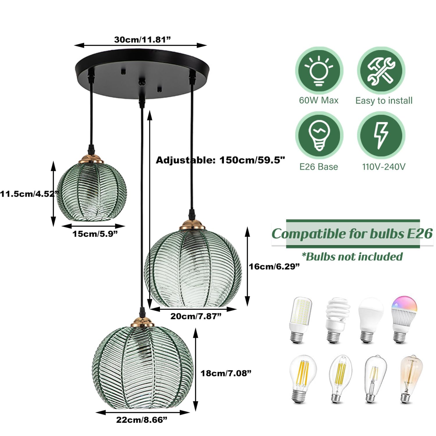 Modern 3-Light Pendant Lighting - Hand Blown Glass Shade Kitchen Island Hanging Light, Green Glass Chandelier for Dining Room, Bedroom & Living Room | Perfect for Home Decor, Kitchen Renovation & Interior Design