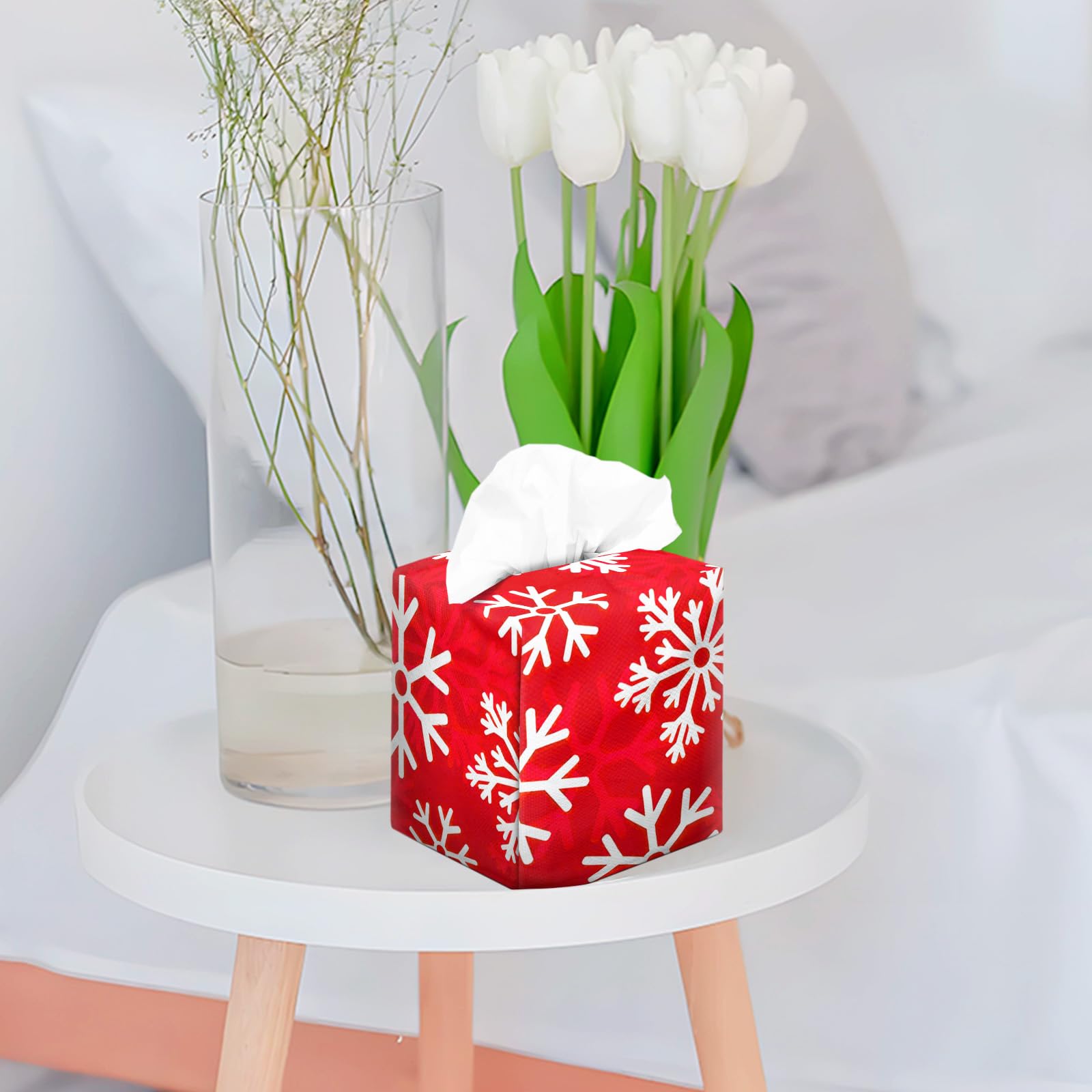 IRADA Square Velvet Tissue Box Cover - Decorative Cute Funny Cube Holder for Christmas Decor with Snowflake Design (Red) - Perfect for Home, Office, and Holiday Decorations