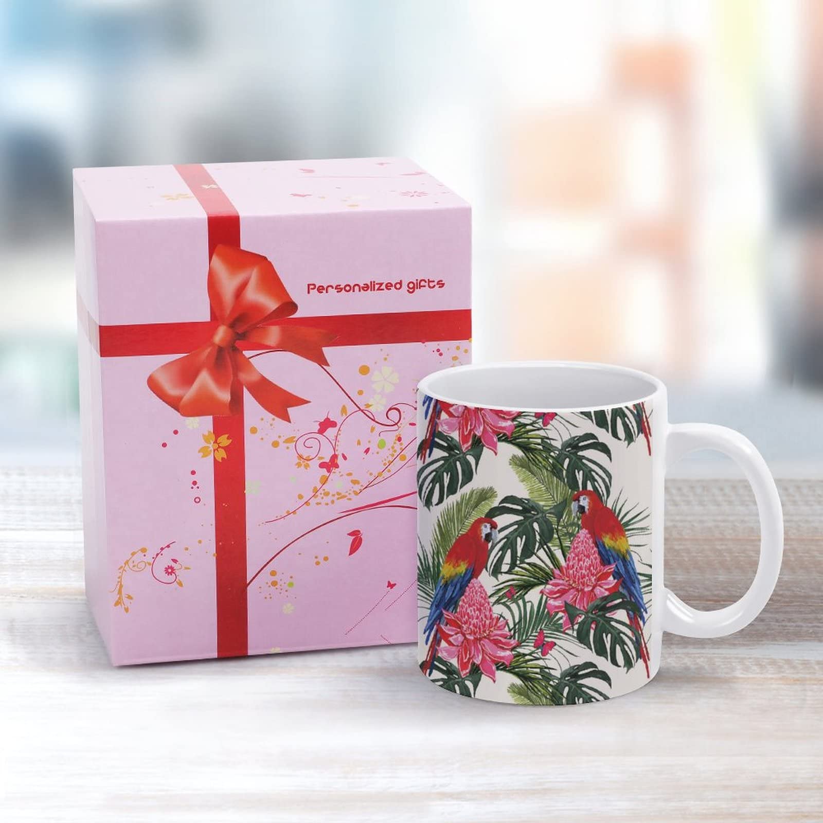 11 Oz White Ceramic Coffee Mug with Tropical Palm Leaves, Parrot, Hibiscus & Butterfly Design - Perfect for Tea, Coffee, Milk, Juice - Great Gift for Mom, Dad, Daughter, Son - Ideal for Home, Office, Party & Cafe Use