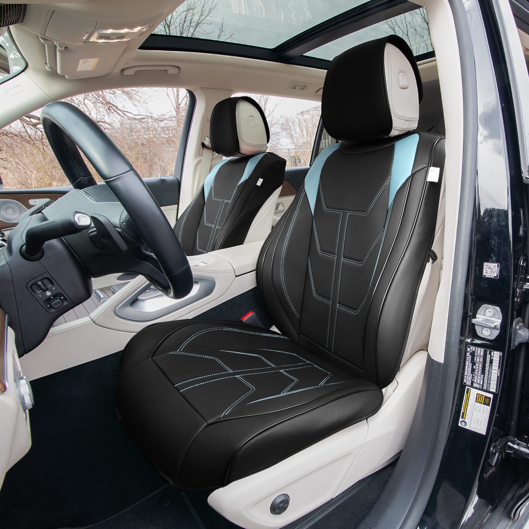 Premium TLH Bionic70 Deluxe Faux Leather Blue Car Seat Covers - 2-Pack Universal Fit Front Seat Covers for Cars, Trucks & SUVs | Waterproof Seat Protector with Contrast Stitching | Perfect for Daily Commute, Road Trips & Family Travel