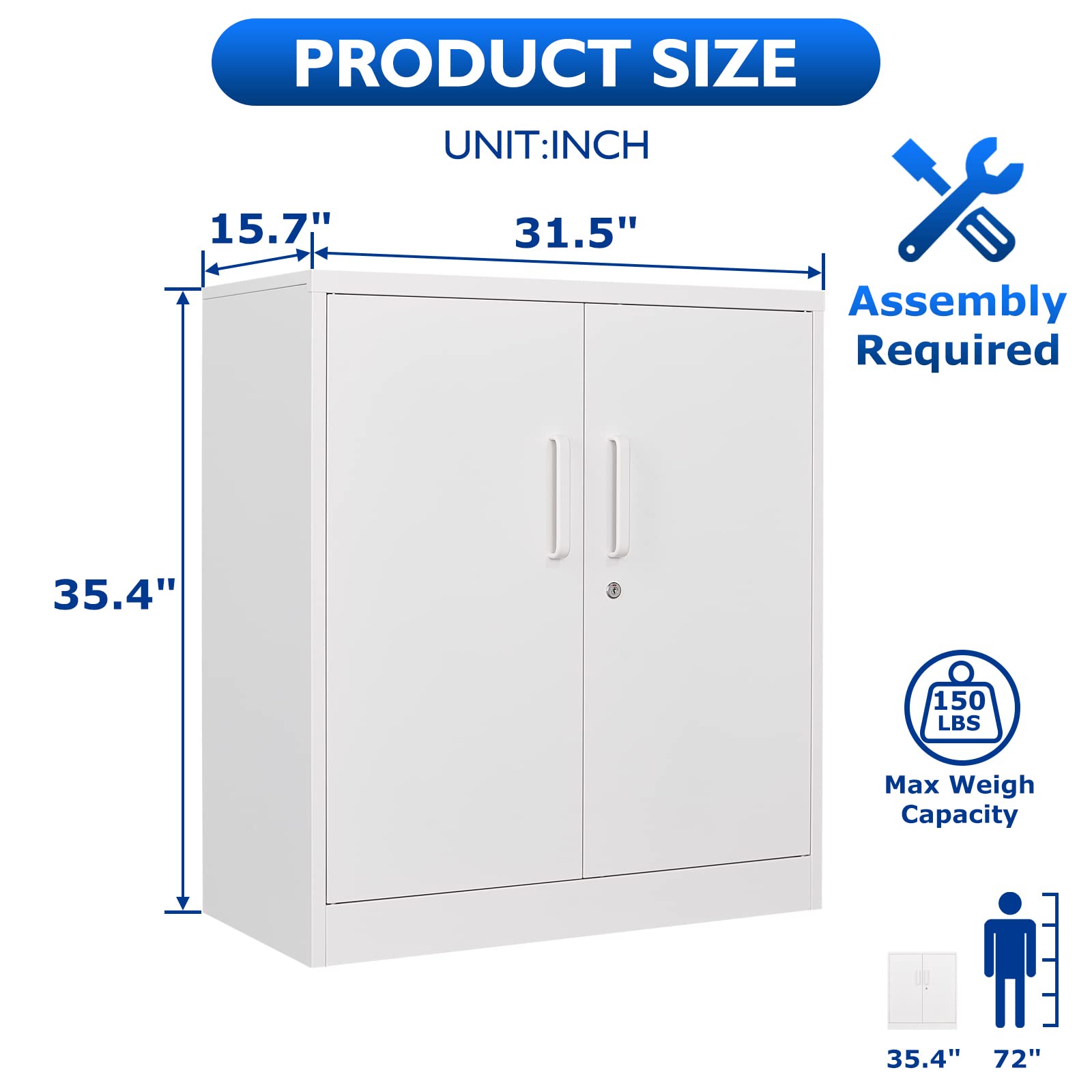 Lockable Metal Storage Cabinet with 2 Adjustable Shelves - White Steel Office Cabinet for Home, Office, Garage & Hallway | Secure Tool Storage & Counter Organization Solution