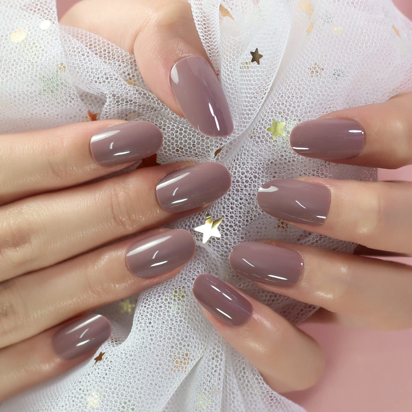 Glossy Light Purple Grey Press on False Nails - Medium Length Oval Fake Nails for Women | Perfect for Office Wear, Daily Use & Special Occasions