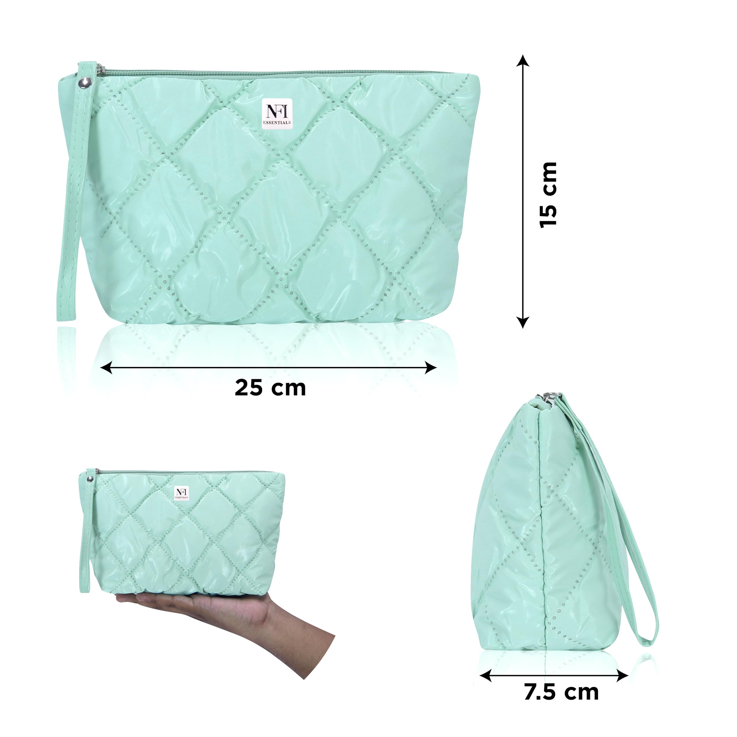 NFI Essentials Multipurpose Quilted Cosmetic Pouch for Women - Checkered Puffy Makeup Bag with Zipper, Portable Travel Toiletry Organizer with Handle | Perfect for Travel, Gym & Daily Essentials Storage