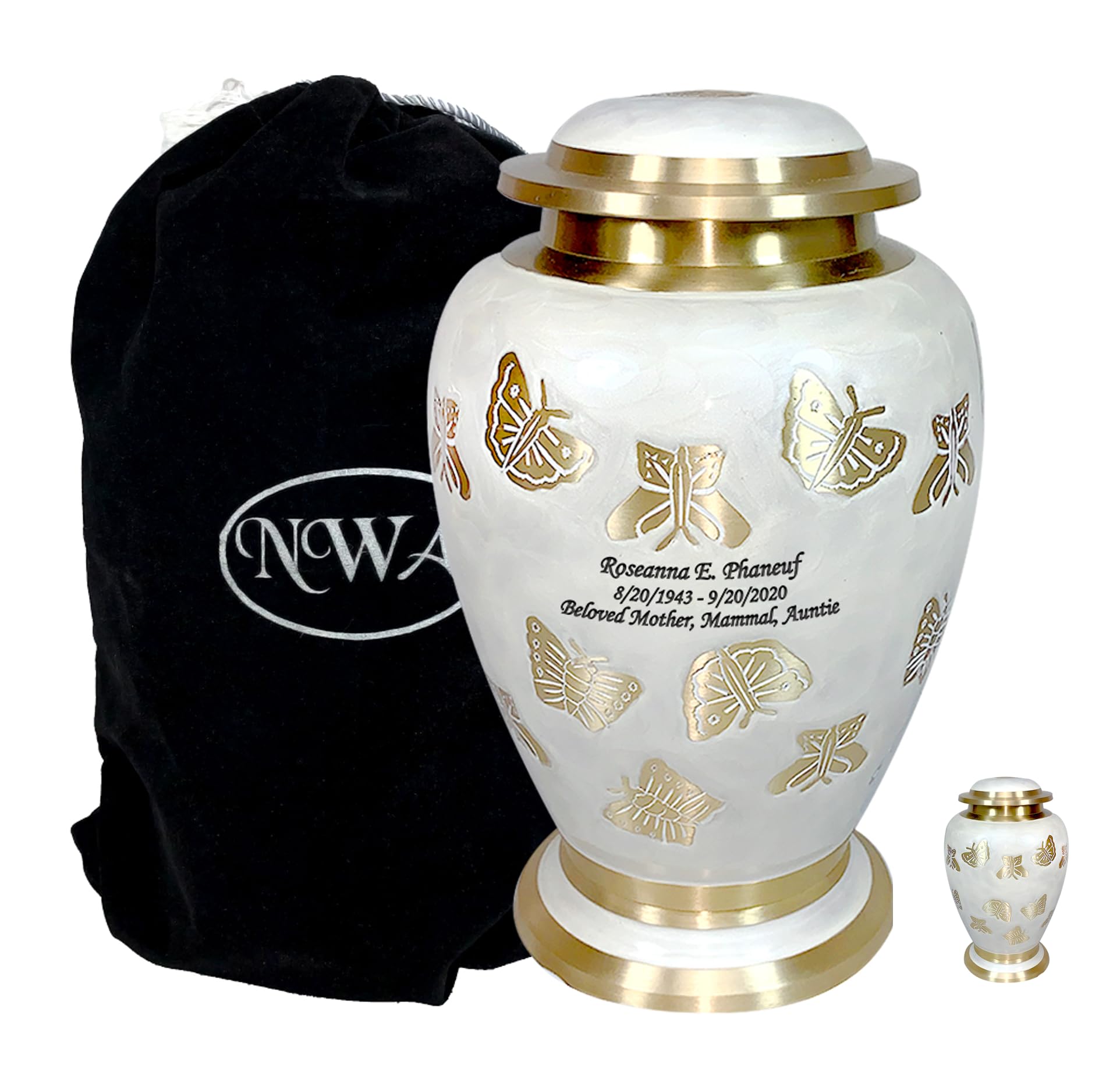 Personalized Butterfly Cremation Urn - Pearl White & Gold Adult Human Urn with Matching Keepsake & Velvet Bags for Memorial Services & Home Display