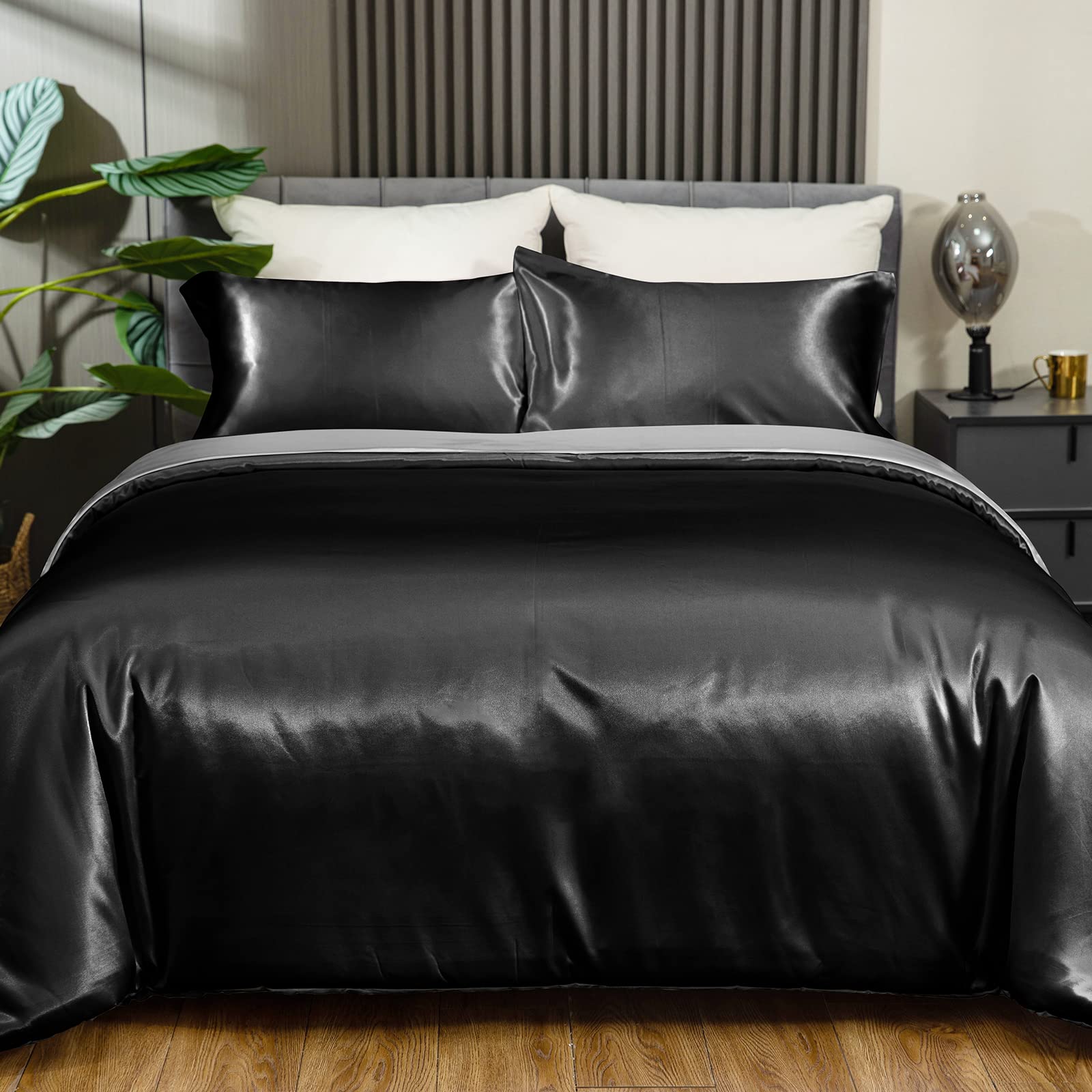 Redkey Queen Size Cooling Satin Comforter Set - Soft Silky Down Alternative Reversible 2-Tone Bedding with 2 Pillowcases (Black) - Perfect for Hot Sleepers & All-Season Comfort