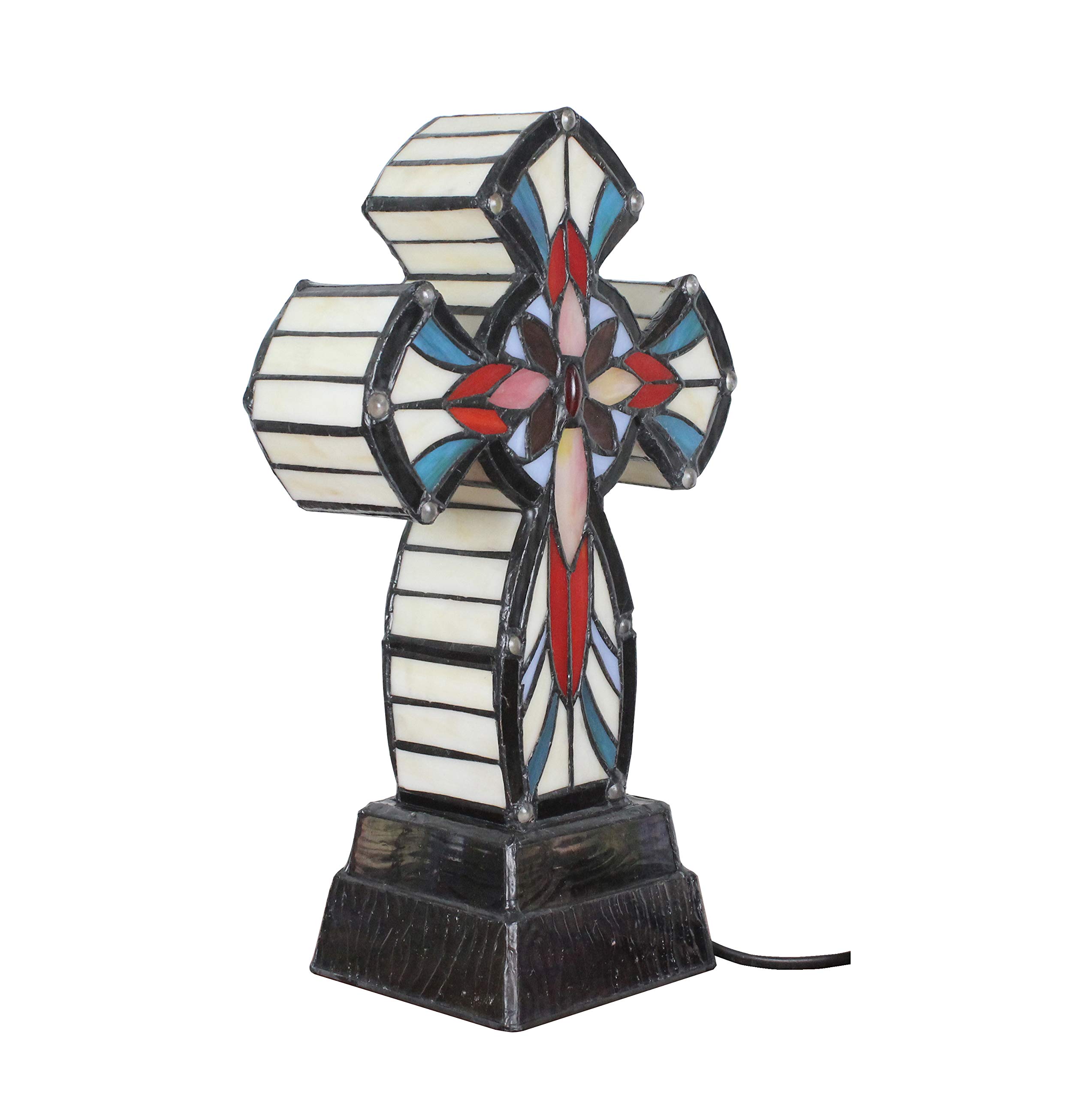 FixtureDisplays Tiffany Style Lighted Cross Tabletop Decor - Stainless Steel & Glass Christian Gift with LED Lamp (7.5
