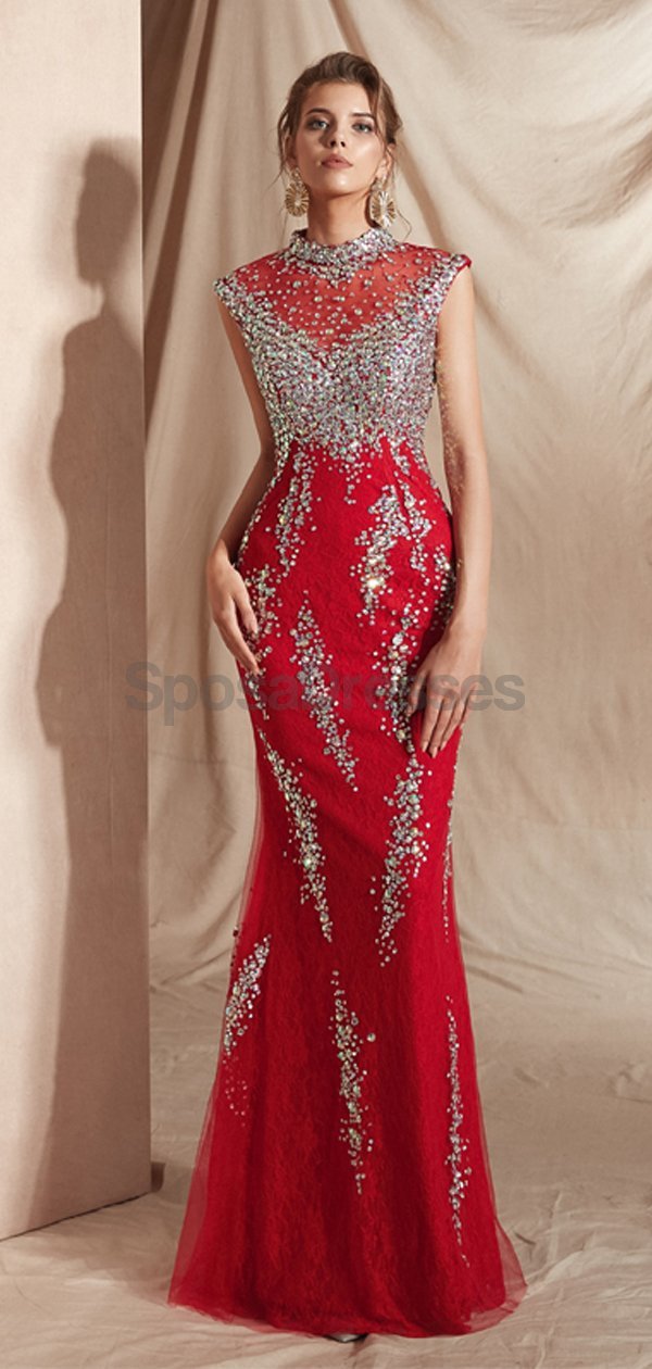 Elegant High Neck Red Beaded Mermaid Prom Dress for Evening Party & Formal Events - Perfect for Prom, Homecoming, and Special Occasions