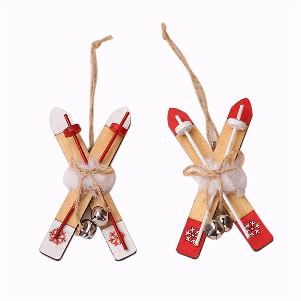 2Pcs Wooden Sled Christmas Decorations - Rustic Wooden Ski Bell Ornaments for Xmas Tree, Home & Holiday Decor (Set of 2) - Perfect for Fireplace Mantel, Christmas Village Displays & Gift Giving