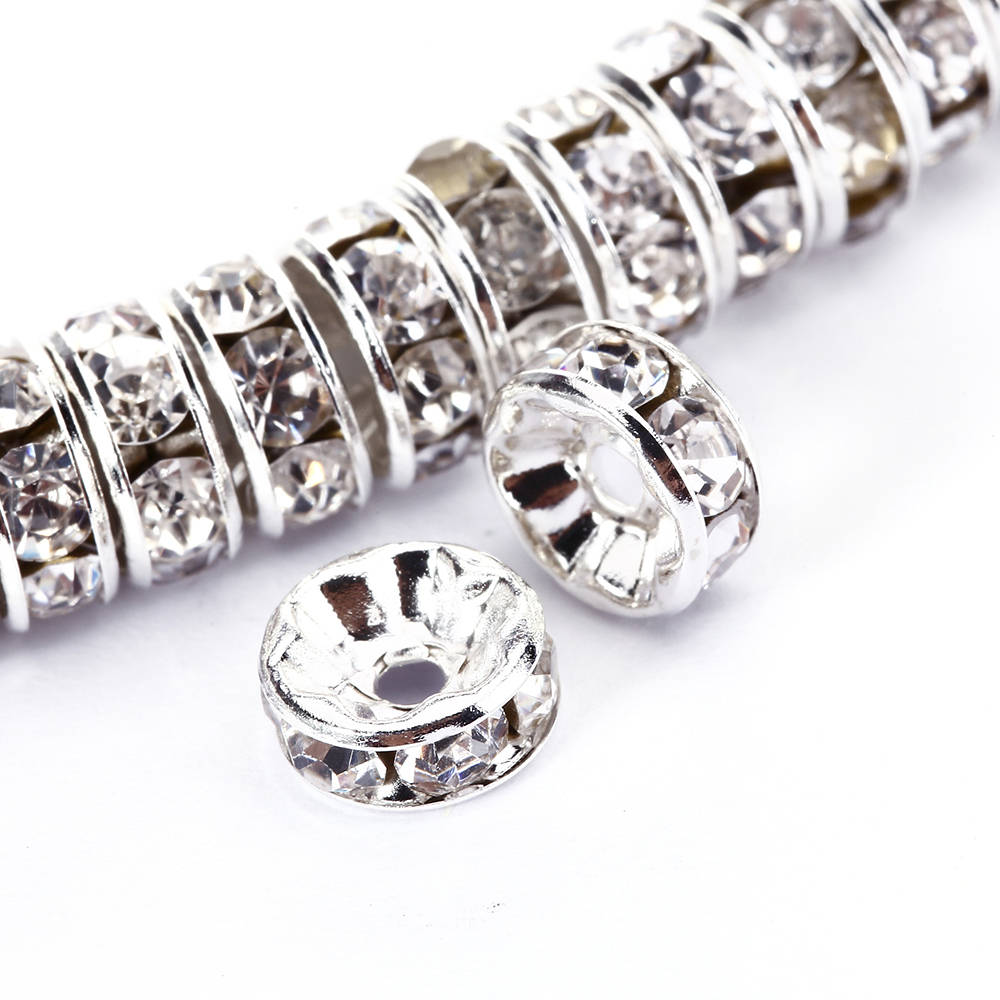 Clear Rhinestone Rondelle Spacers Beads for Jewelry Making - 4mm 6mm 8mm 10mm Gold/Silver Tone - 50pcs per Bag - Perfect for DIY Bracelets, Necklaces & Earrings