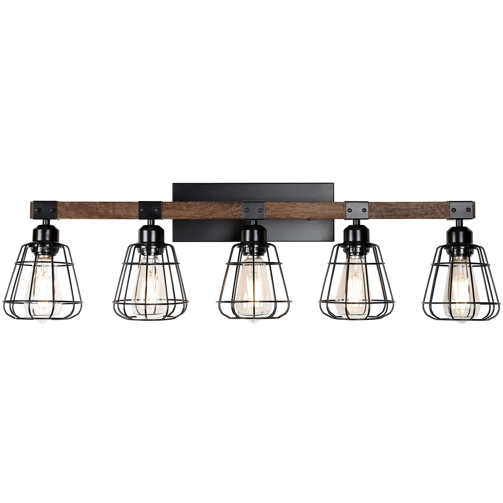 5-Light Modern Wall Sconce for Bathroom Vanity - Farmhouse Black Wood & Metal Cage Industrial Lighting - Perfect for Mirror Lighting, Powder Rooms, and Rustic Home Decor
