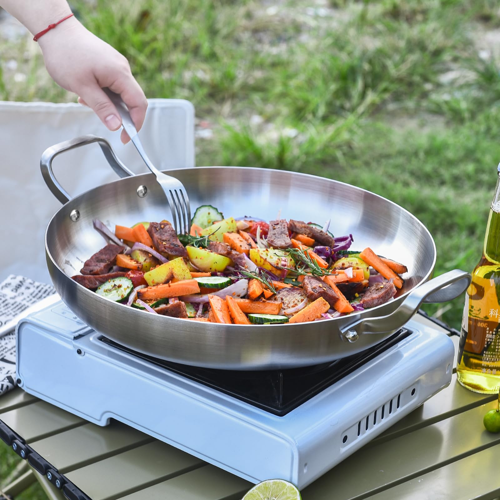 Inqibee 14 Inch Tri-Ply Stainless Steel Paella Pan with Lid - Large Induction Skillet, Omelet Pan, Griddle & Jumbo Cooker - Oven & Dishwasher Safe - Perfect for Spanish Cuisine, Family Meals & Outdoor Cooking