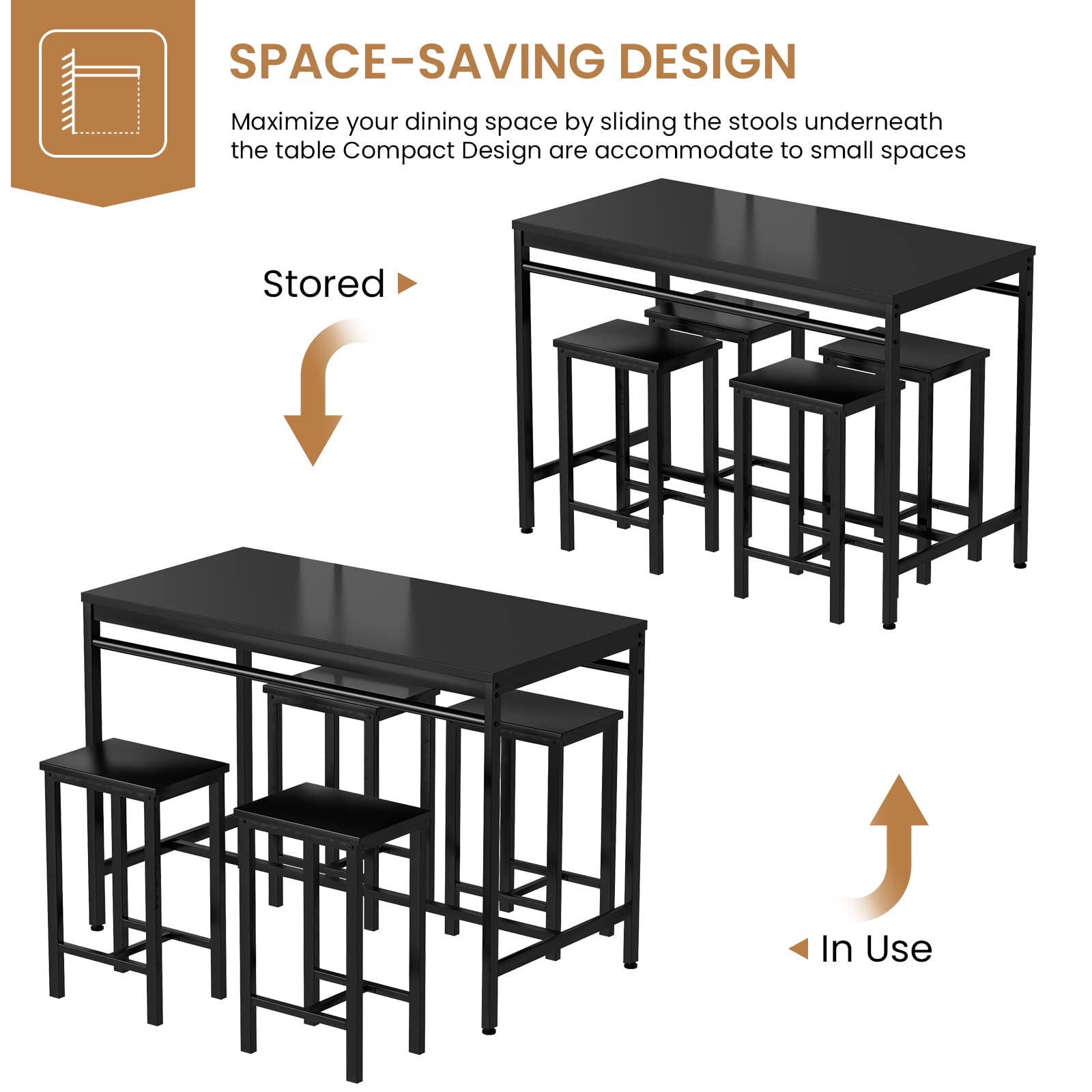 DKLGG 5-Piece Wooden Dining Table Set for 4 - Small Kitchen Table with 4 Stools, Compact Bar Height Dining Room Set for Small Spaces | Perfect for Breakfast Nooks, Studio Apartments & Cozy Kitchens