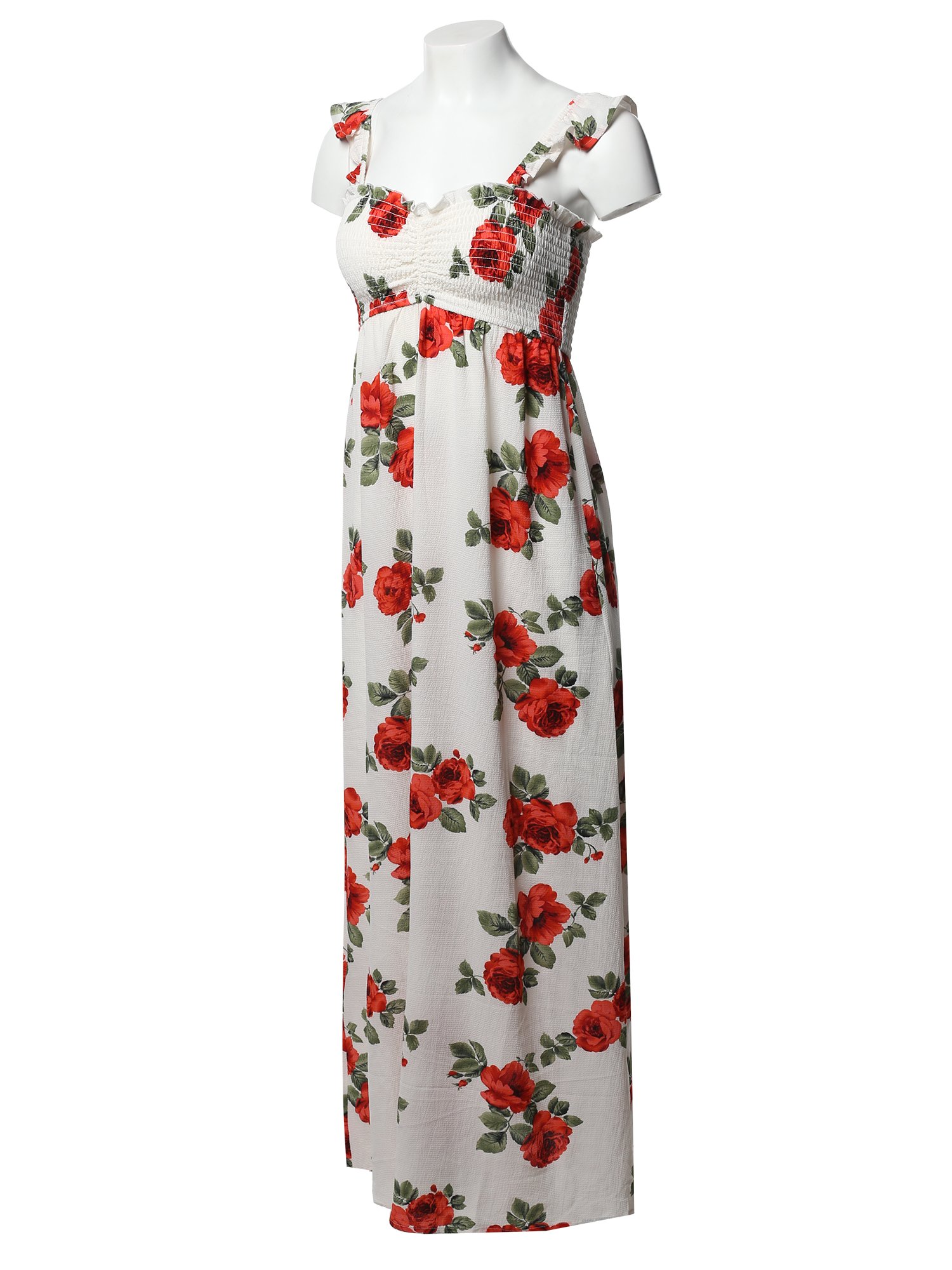 Emma Women's Floral Crepe Smocked Maxi Dress with Ruffled Straps - Elegant Rose Print Long Dress for Weddings, Parties & Summer Vacations