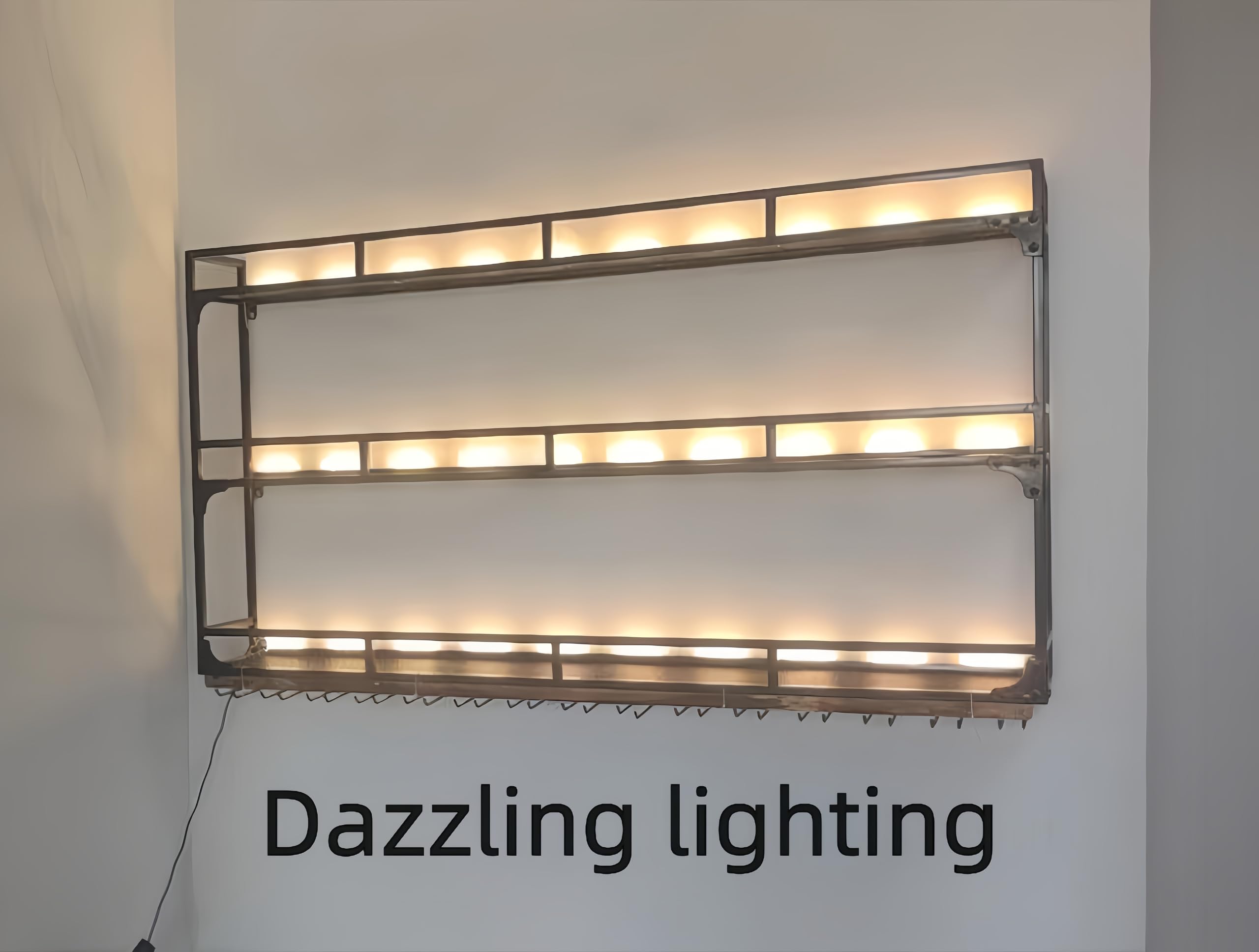 31 Inch Black Metal Wall Mounted Wine Rack with LED Lights - 3-Tier Bar Shelf for Liquor Bottles, Hanging Mugs & Wine Glasses - Perfect for Home Bars, Kitchen Decor & Entertaining Spaces