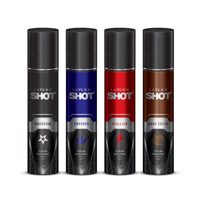 Layer'r Shot Body Spray for Men - 4 Pack (20ml Each) | Rockstar, Dark Cocoa, Emperor & Stallion Fragrances | Long Lasting Deodorant Spray | Perfect for Gym, Office, Travel & Daily Use | Great Gift for Him