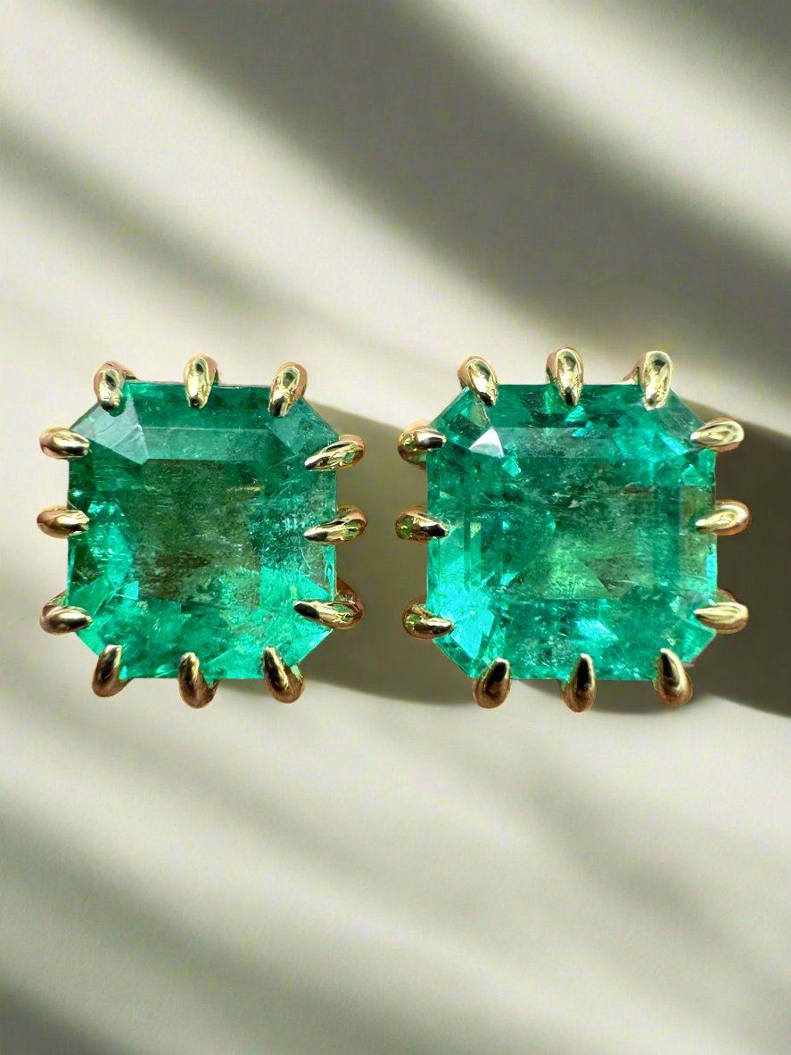 8.56tcw Colombian Emerald Multi Prong 18K Gold Statement Stud Earrings - Perfect for Weddings, Parties & Special Occasions