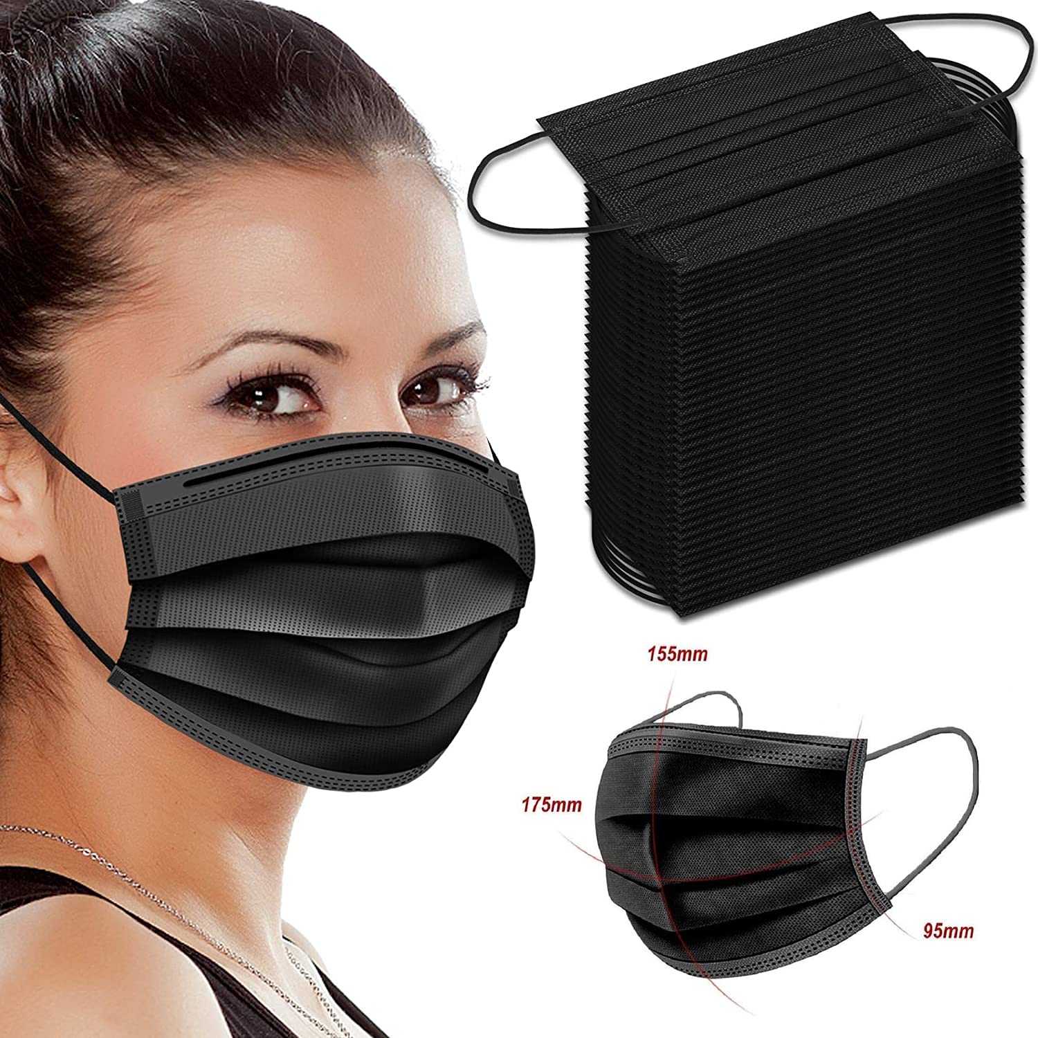 GreatDio® 200 Pcs Disposable 3-Ply Face Masks - Breathable Protective PPE with Nose Clip & Ear Loops (Black) - Ideal for Daily Use, Travel, Work & Public Safety
