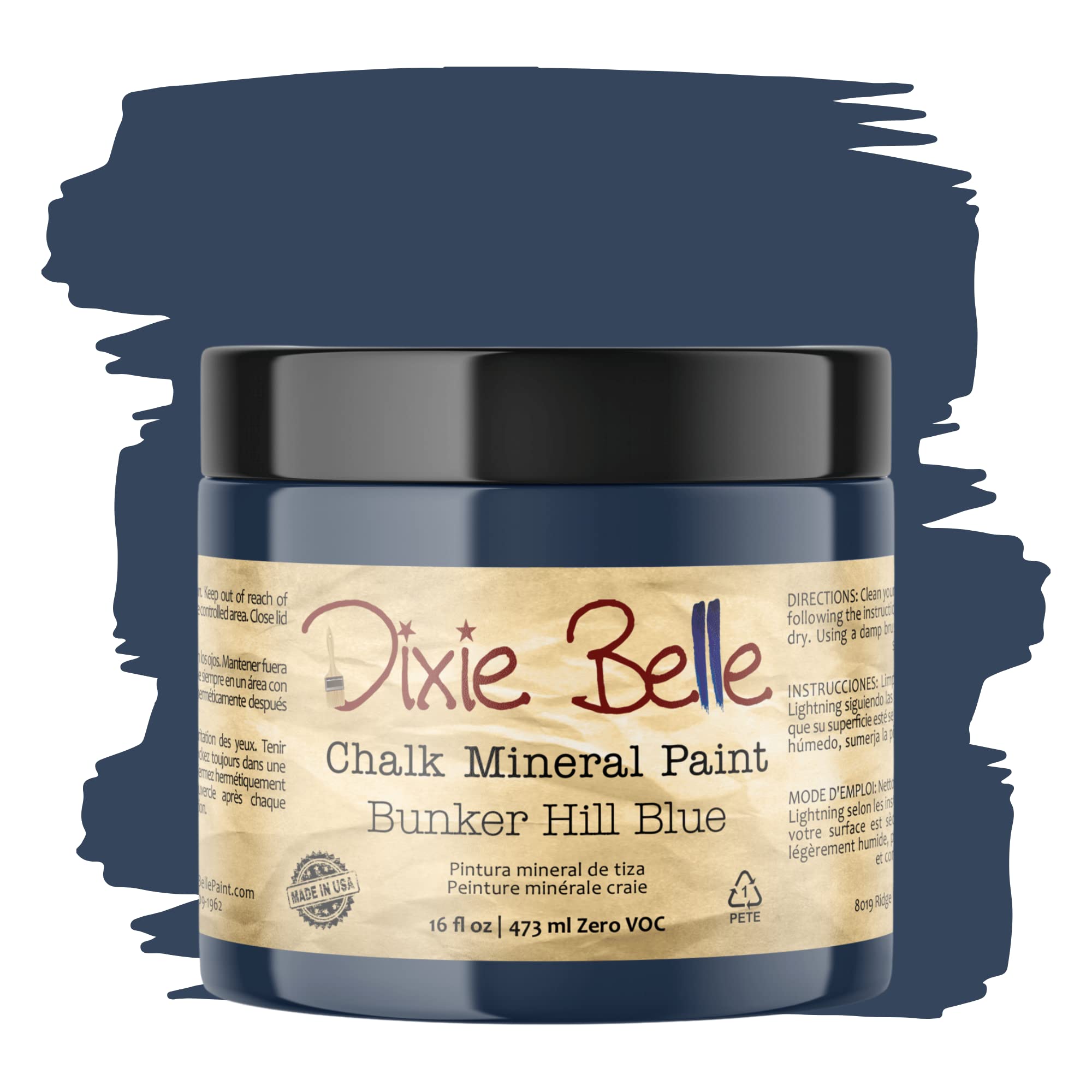 Dixie Belle Chalk Finish Furniture Paint - Bunker Hill Matte Indigo Blue (16oz) | DIY Mineral Chalk Paint for Furniture, Cabinets & Home Decor | USA Made | Perfect for Shabby Chic, Farmhouse & Vintage Style Projects