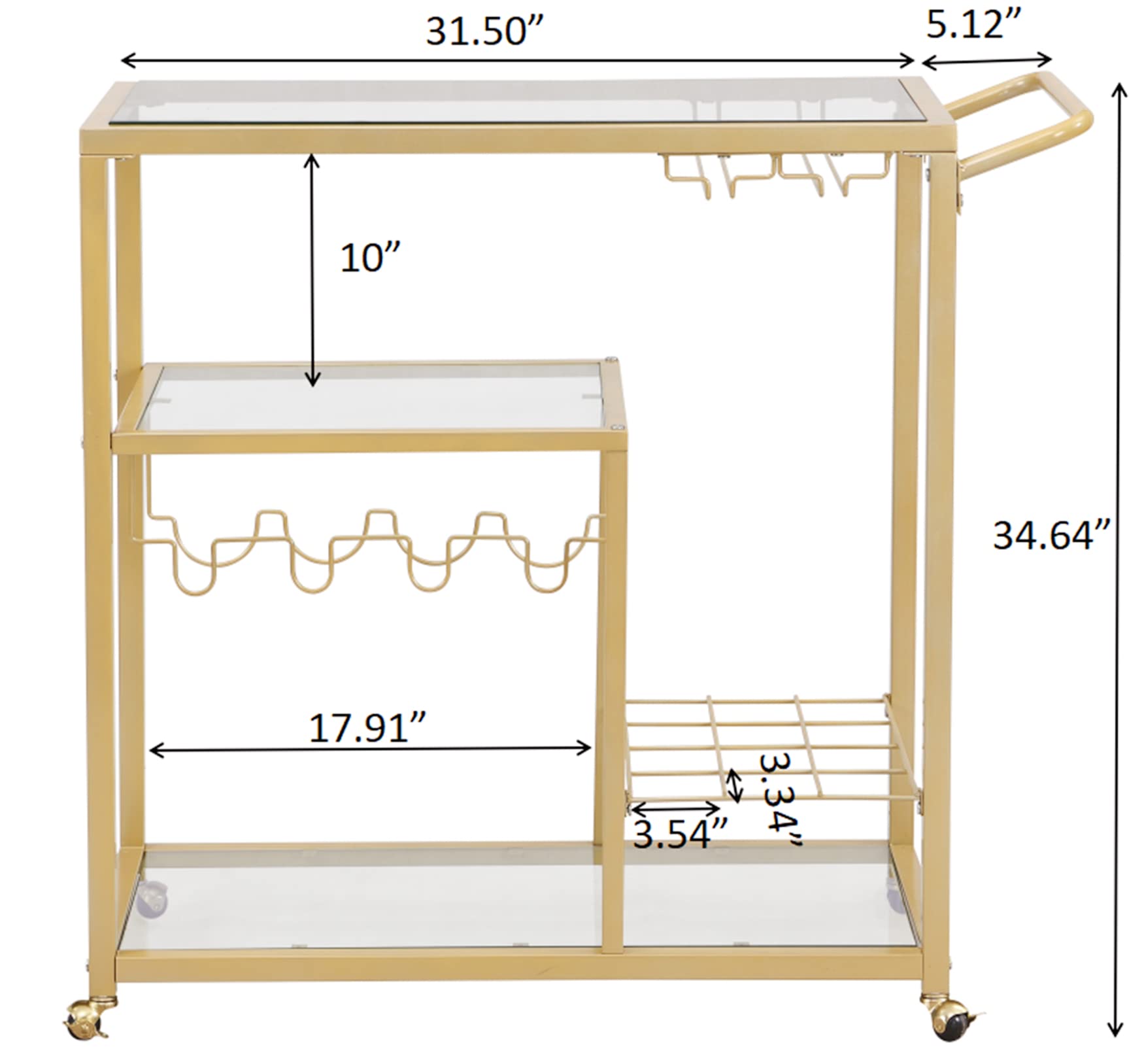 Gold Rolling Bar Cart with Wheels - 3-Tier Mobile Serving Cart with Wine Glass Holders for Kitchen, Home Bar, Party & Dining Room - Perfect for Entertaining, Cocktail Serving & Wine Storage
