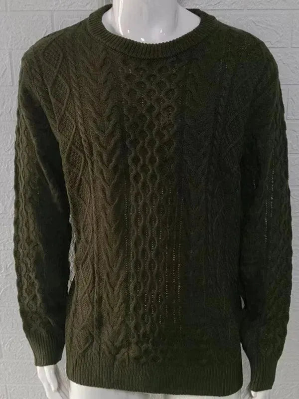 Men's Knitted Cable Pullover Sweater - Soft Round Neck Winter Sweater for Casual Wear & Outdoor Activities