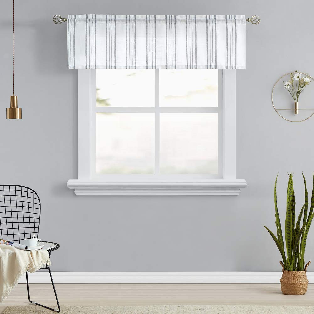 Bohemian Farmhouse Striped Kitchen Curtain Valance - Grey & White Sheer Linen Window Treatment with Rod Pocket - 55