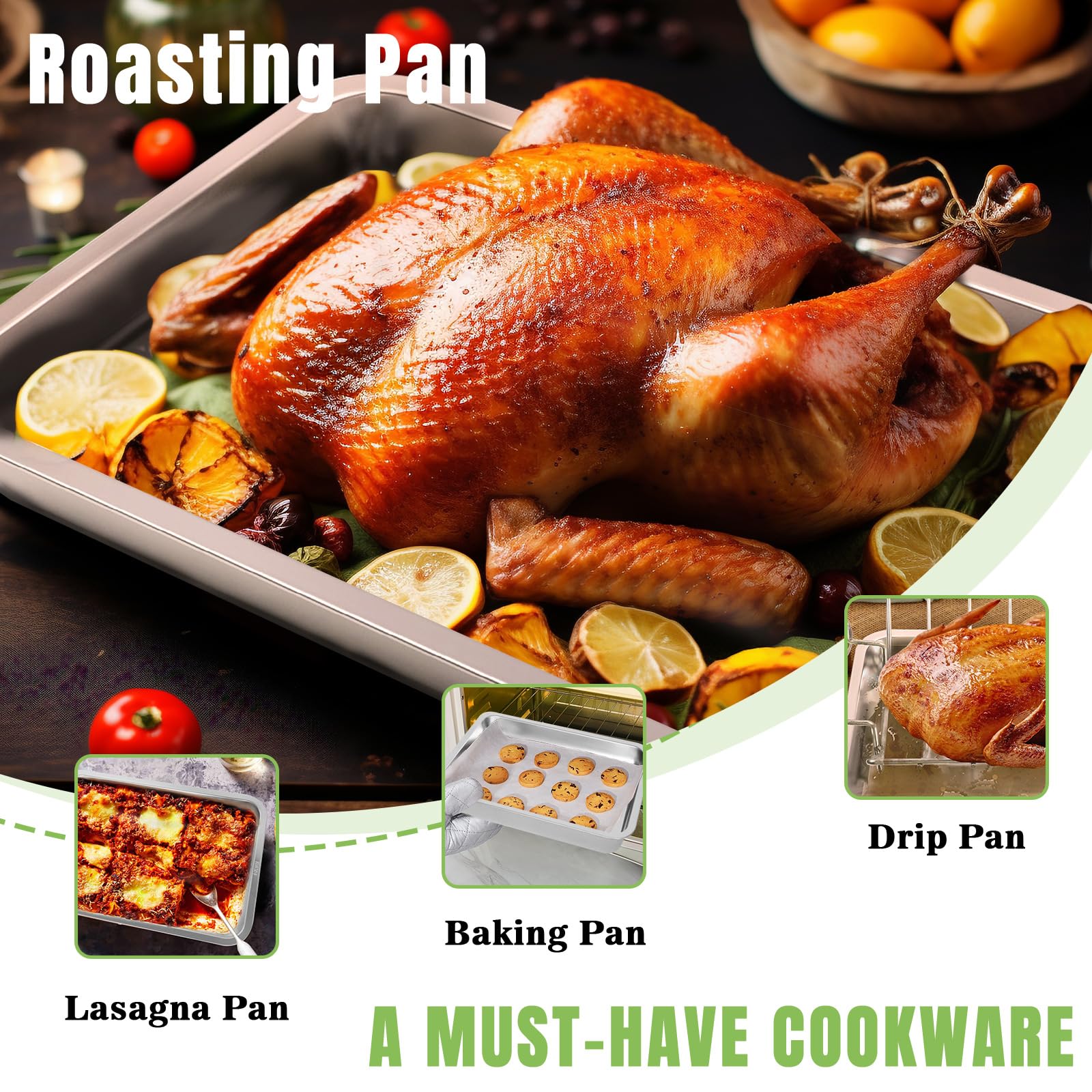KAMaster 15.5 Inch 304 Stainless Steel Roasting Pan - Nonstick Large Roaster for Turkey, Chicken, Green Eggs - Oven & Dishwasher Safe - Perfect for Holiday Baking, Grilling & Family Dinners
