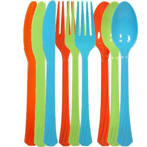 Tiger Chef 72-Piece Heavy Duty Plastic Cutlery Set - 24 Forks, 24 Spoons, 24 Knives in Lime Green, Island Blue & Orange | Durable Disposable Silverware for Parties, Picnics, BBQs & Catering Events