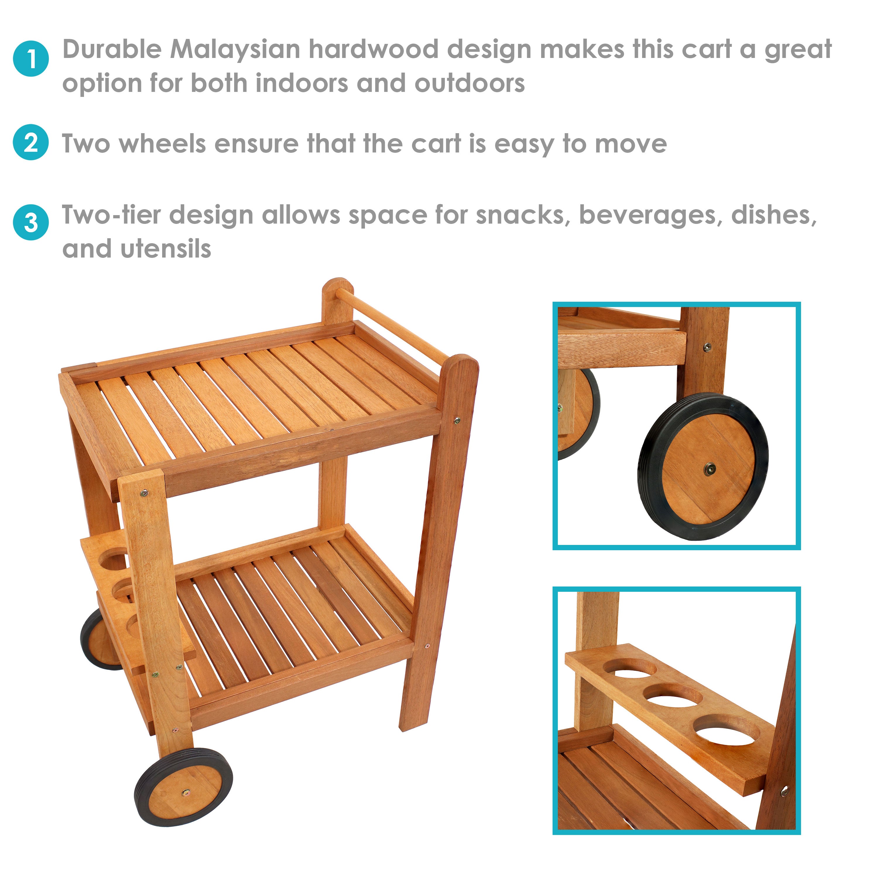 Sunnydaze Outdoor Wood Bar Cart with Wheels - Malaysian Hardwood Rolling Drink Cart for Patio, Garden, Poolside & Backyard Entertaining