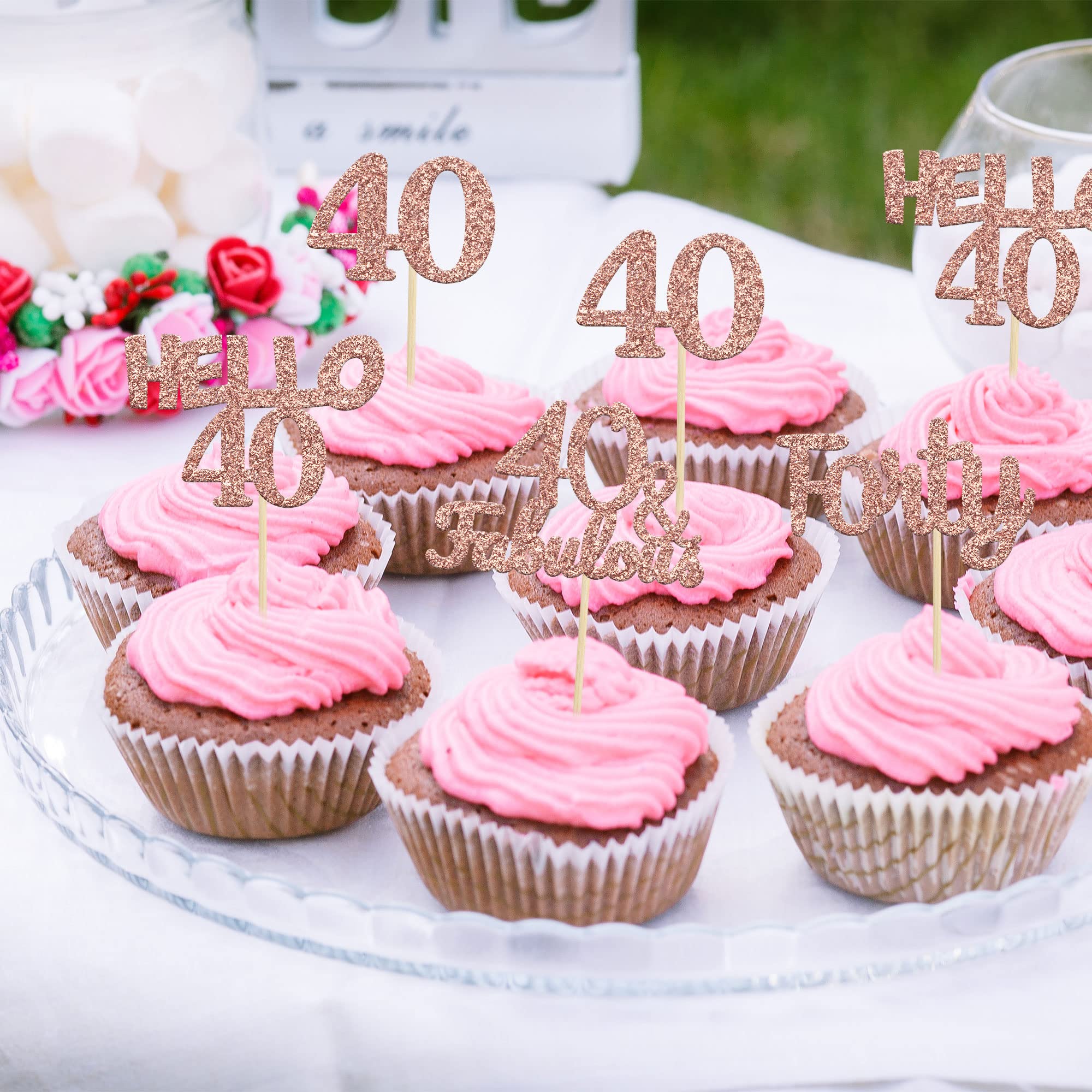 24 Pack Glitter 40th Birthday Cupcake Toppers - Hello 40 Forty Cake Decorations, 40 & Fabulous Rose Gold Cupcake Picks for Women's 40th Birthday Party, Anniversary, Retirement Celebration - Perfect for Cake, Cupcake, Dessert Decorating Supplies