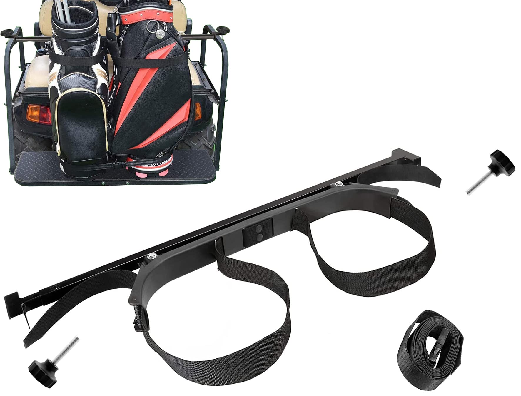 Golf Cart Bag Holder Bracket - Universal Fit for EZGO, Club Car & Yamaha Carts - No Drilling Required & Adjustable Length - Perfect for Golf Bags, Coolers & Storage on Rear Seats