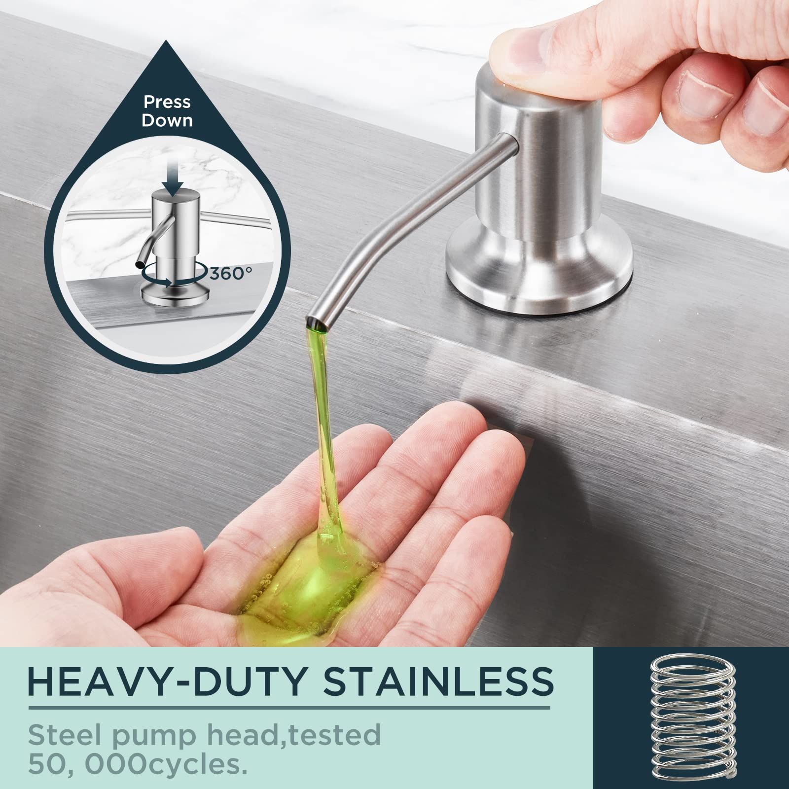 FORIOUS Brushed Nickel Soap Dispenser - 500ML/18OZ Top Refillable Liquid Soap Dispenser for Kitchen Sink Countertop, Bathroom, or Office | Elegant & Durable Lotion Dispenser with Easy One-Hand Operation