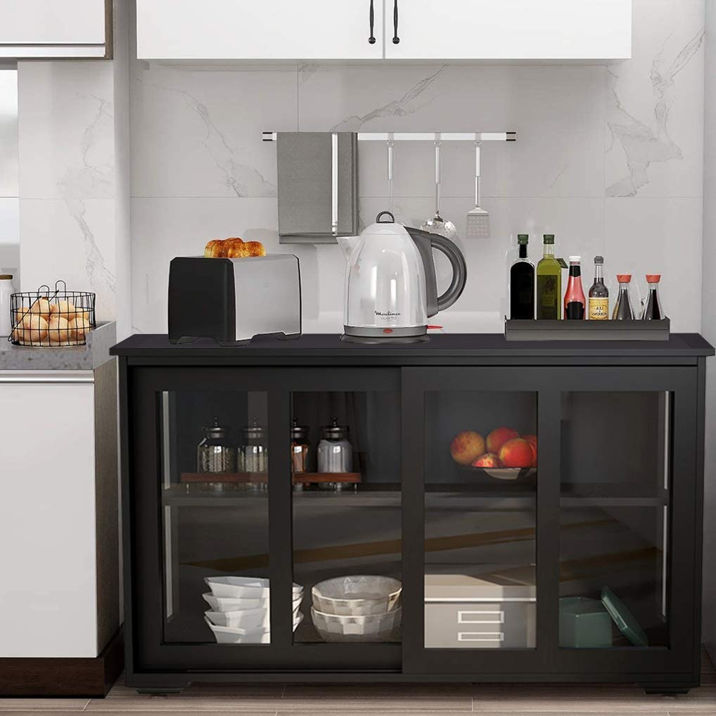 Kitchen Buffets & Sideboards - Stackable Storage Cabinet with Adjustable Shelves & 2 Glass Sliding Doors | Black Buffet Cupboard for Kitchen, Dining & Living Room | Perfect for Small Space Organization & Entertaining Guests