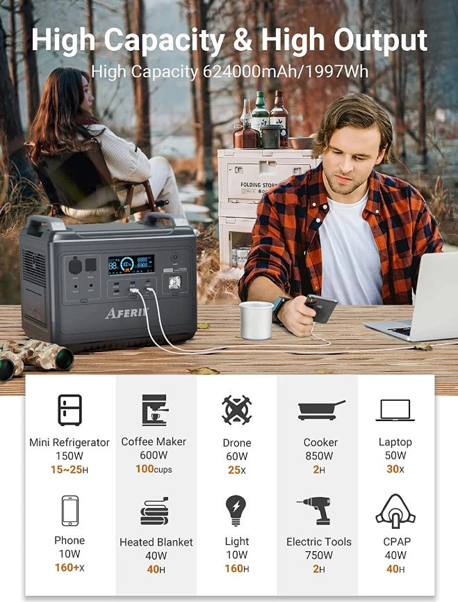 Aferiy AF 2000W Portable Power Station - 2000W/4000W LiFePO4 Battery with 1997Wh Capacity - Perfect for Camping, RV Trips & Emergency Backup Power