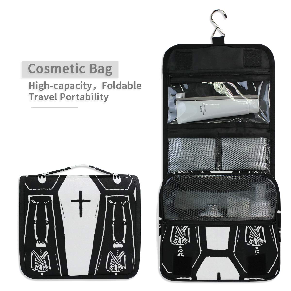 Gothic Skeleton Coffin Hanging Toiletry Bag - Travel Cosmetic Organizer Pouch for Makeup & Toiletries - Perfect for Women, Men & Teens (Ideal for Halloween Travel, Goth Lifestyle & Dark Aesthetic Enthusiasts)