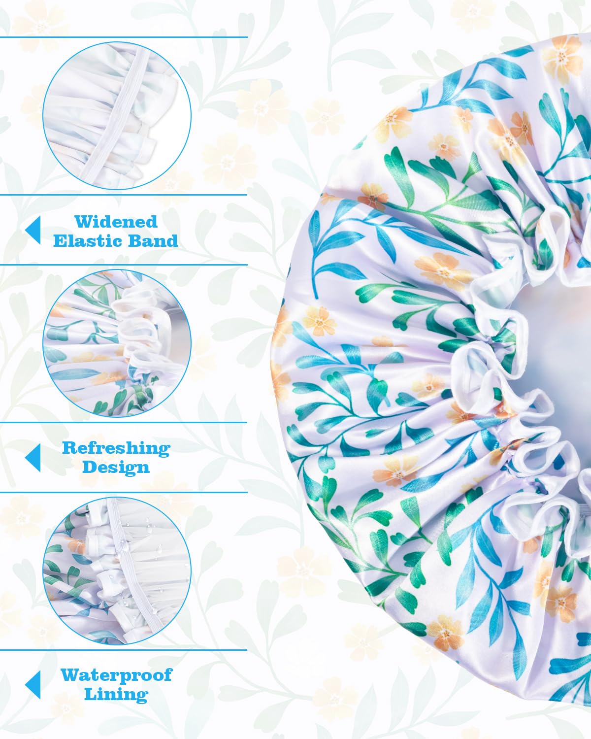 Aquior Reusable Waterproof Shower Cap for Women & Girls - Double Layer EVA Lined Hair Cap for All Hair Lengths (Long/Thick Hair) - Soft Bath Shower Accessories for Swimming, Spa & Travel