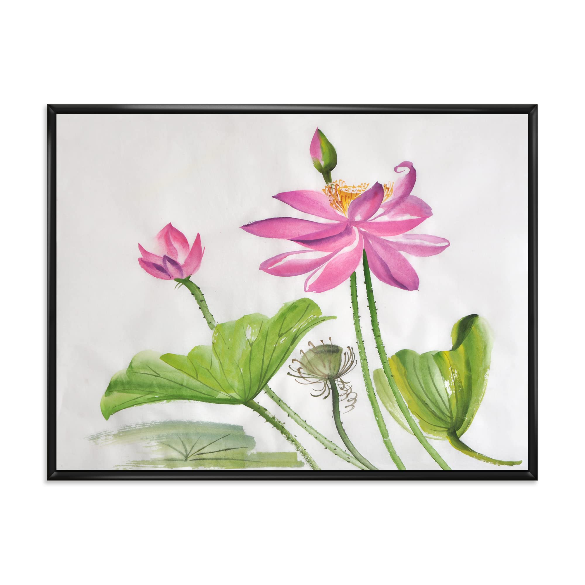 Two Pink Lotus Flowers Framed Canvas Wall Art Print - Traditional Asian Home Decor for Living Room, Bedroom & Office