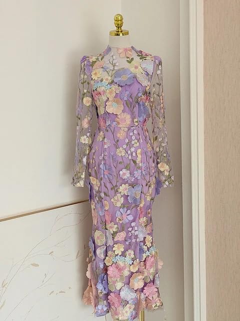 Elegant 3D Floral Embroidery Mermaid Prom Dress for Women - Long Sleeve Lace Bodycon Party Cocktail Mini Dress - Perfect for Homecoming, Evening Gala, and Special Occasions