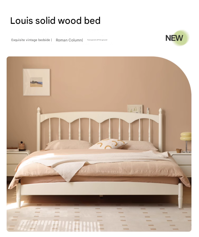 French Cream Style Poplar Solid Wood Bed - Elegant & Durable Bedroom Furniture for Master Bedroom, Guest Room, or Kids Room