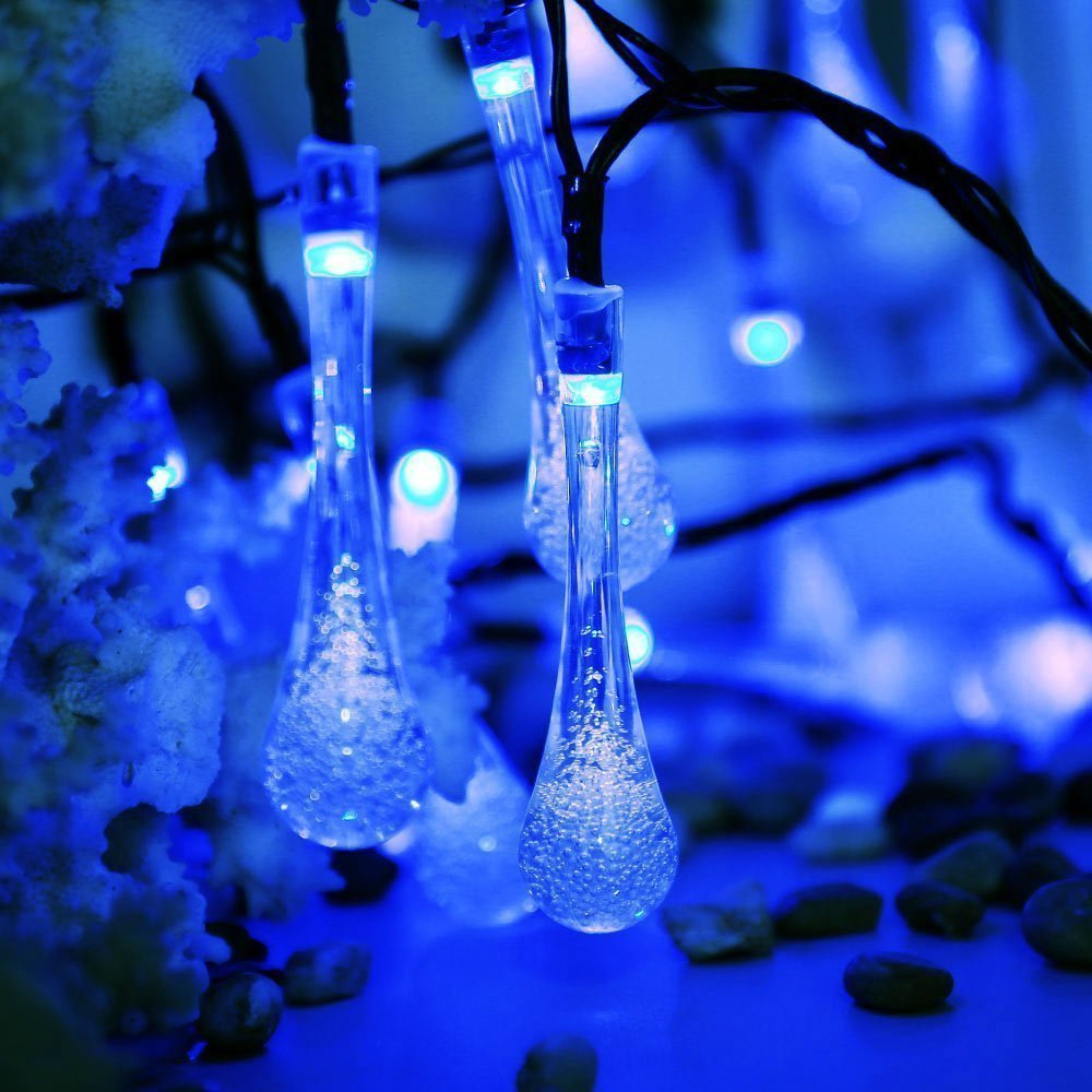 DINOWIN 20ft Solar Drop Lights - 30LED Waterproof Fairy Lights for Outdoor, Garden, Christmas Decorations (Blue) | Perfect for Patio, Yard, and Holiday Lighting